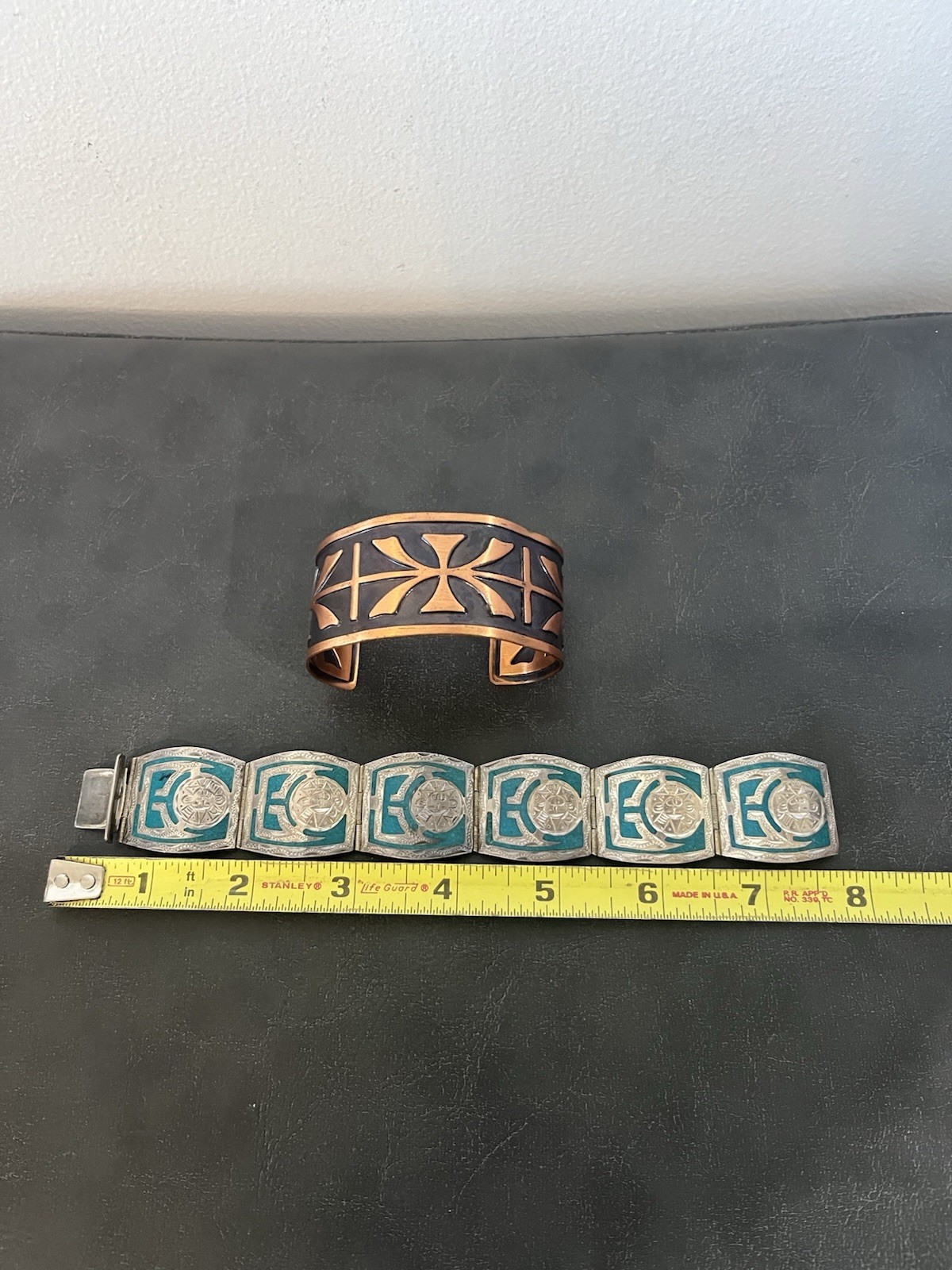 Bell Solid Copper Sterling 925 Joy Mex Turquoise Inlay Aztec Cuff Bracelet Vtg