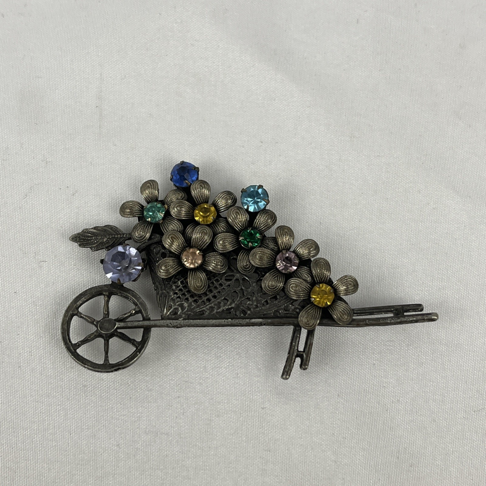 Vintage Wheelbarrow Pin Brooch Rhinestone Flowers Brass Filigree Garden Cart