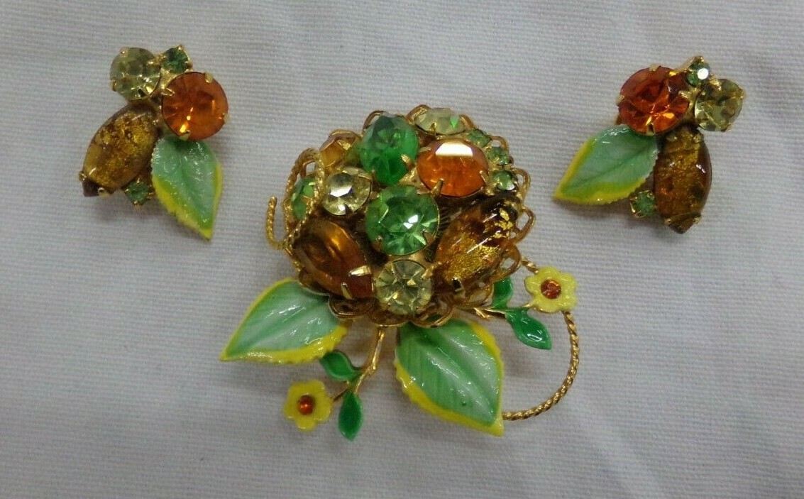 Vintage Women’s Brooch & Clip-On Earring Set w/ Faceted Rhinestones & Enamel