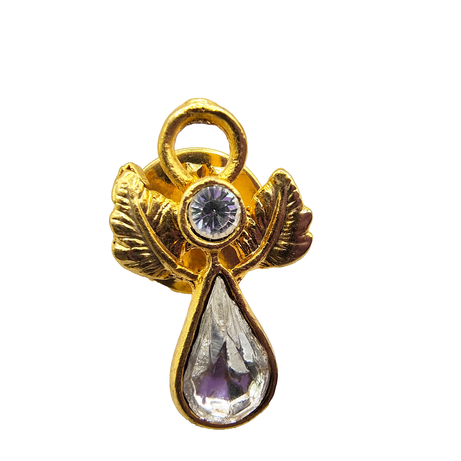 Vintage Guardian Angel Lapel Pin Gold Tone Clear Rhinestone Religious Icon 1/2″