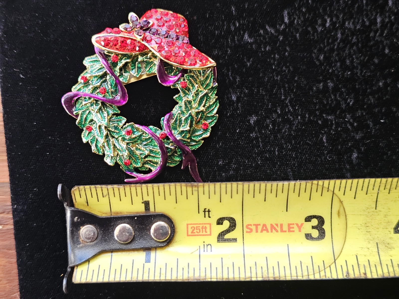 Vintage Red Hat Society Enamel Rhinestone Wreath Brooch Purple Ribbon