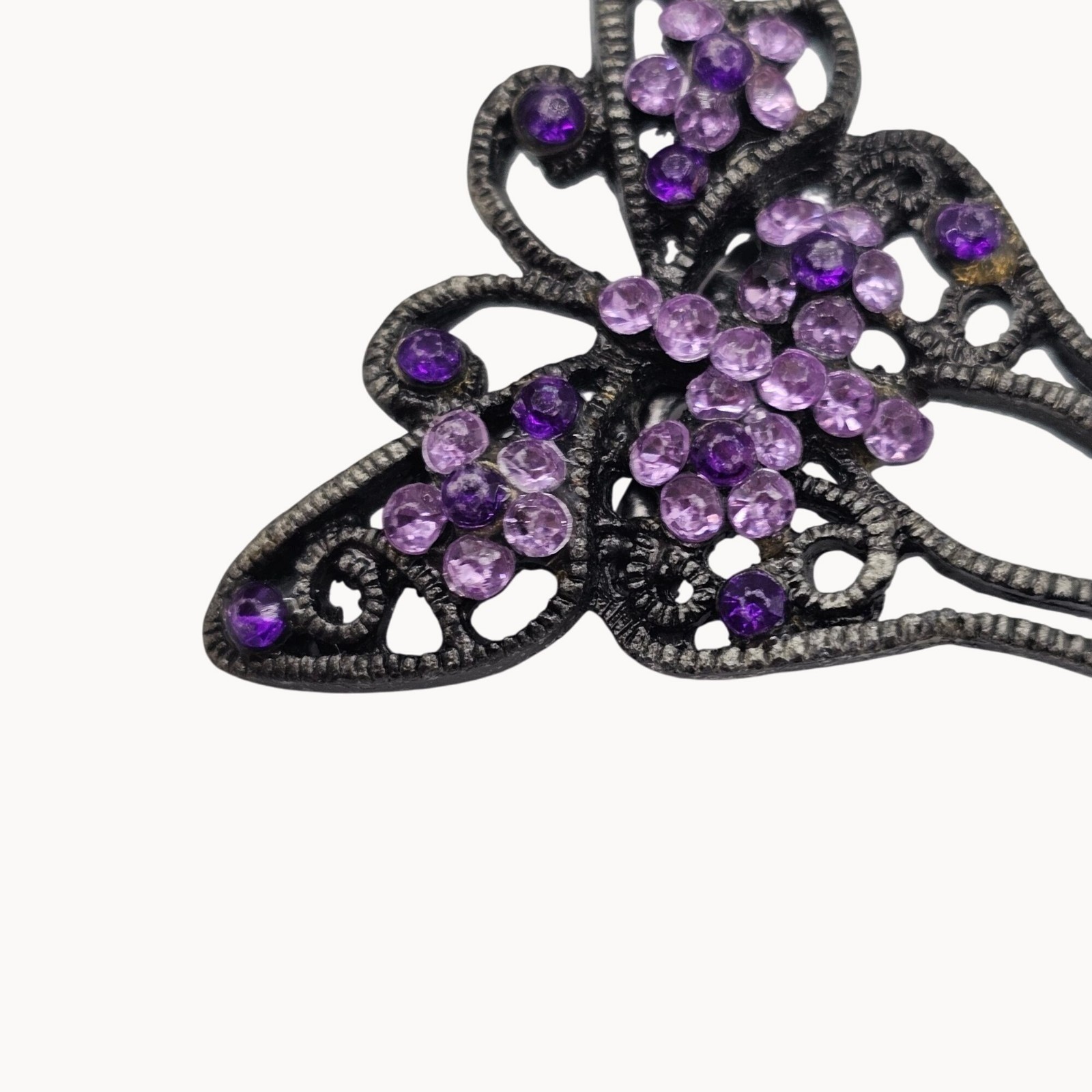 Rhinestone Floral Butterfly Brooch Pin Set 3pc Purple Pink Gunmetal Whimsigoth