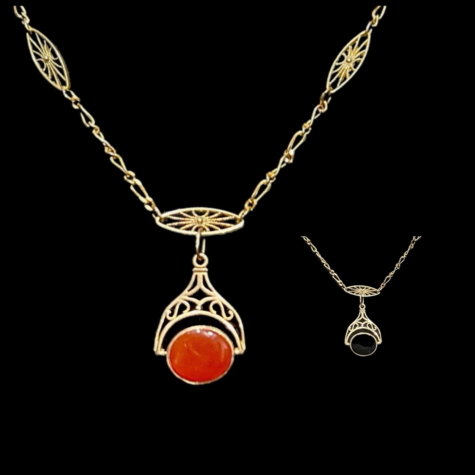 Vintage Birmingham 9ct 375 Gold Fob Onyx Bloodstone Spinner GF French Necklace