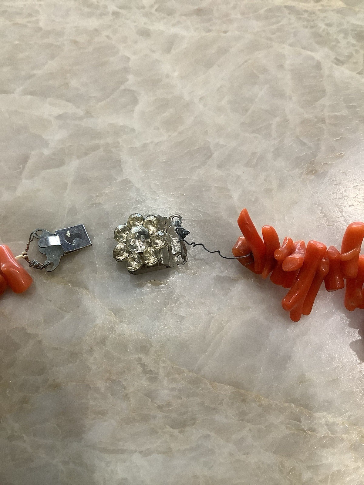 Vintage 18” Coral Branches Necklace Crystal Flower Clasp