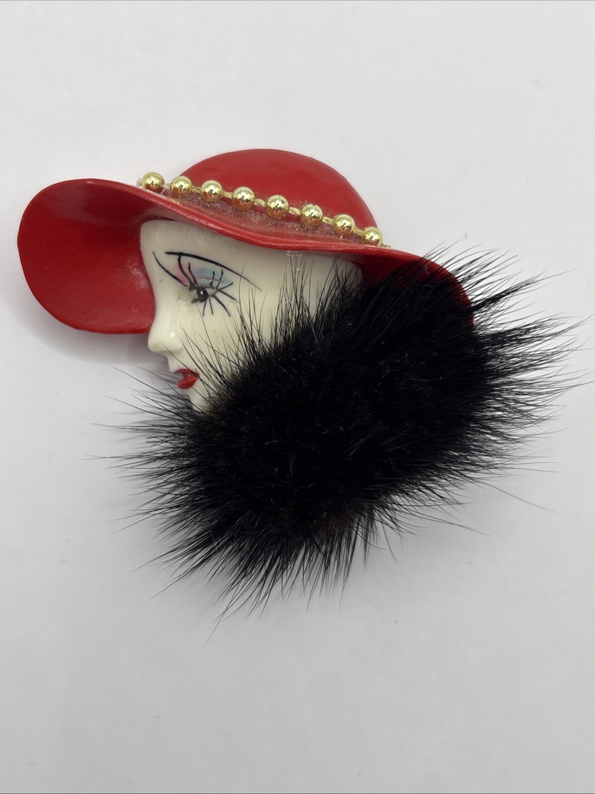 VTG Flapper Pin Brooch Deco Lady Red Gold Hat Fur Collar Hand Ptd Ceramic Gift