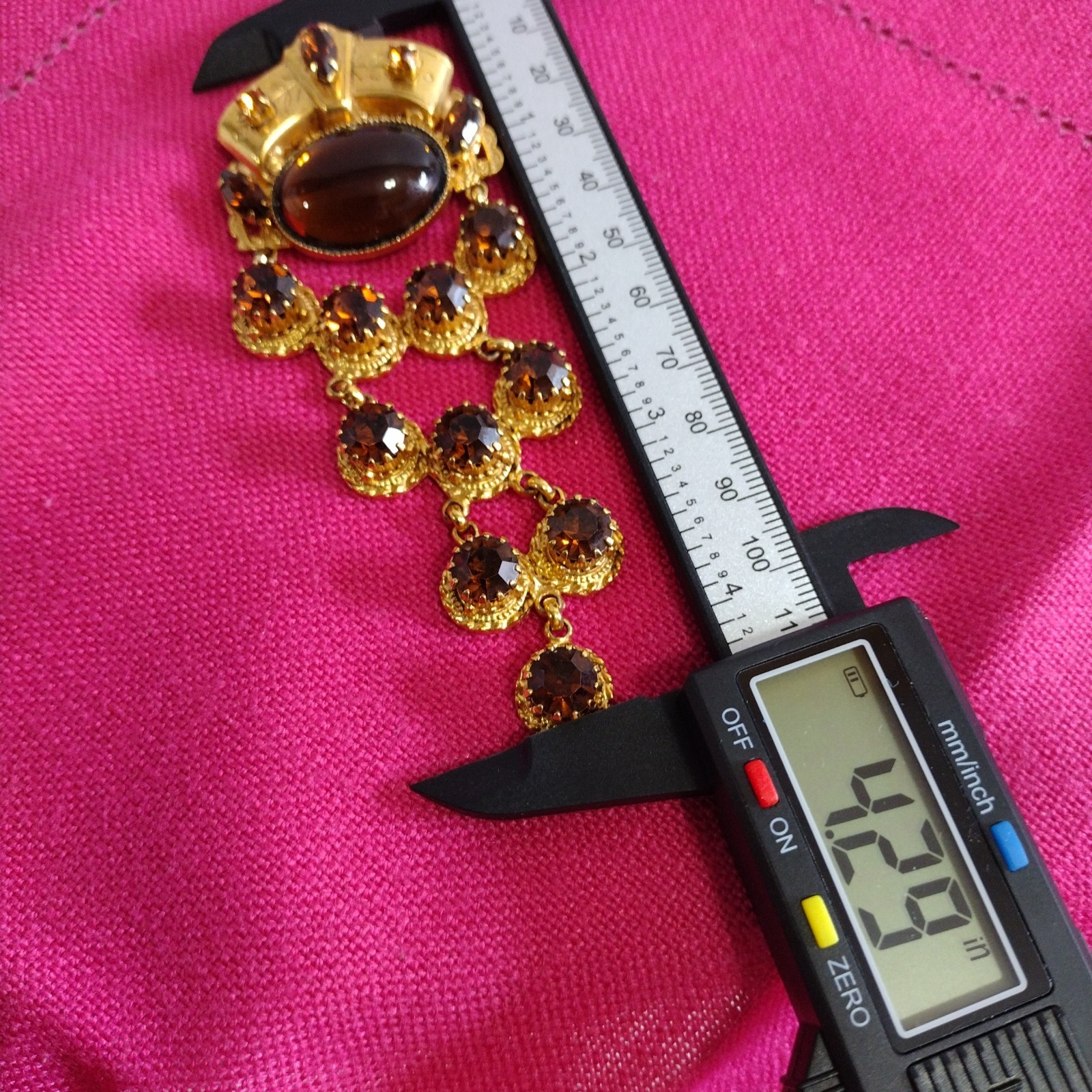 Robert Rose Gold Tone Amber Rhinestone Crown Chandelier Dangle Statement Brooch