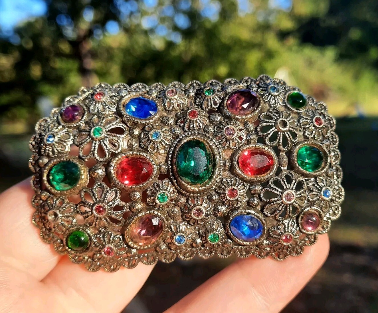 Vtg New England GlassWorks Brooch Filigree Flowers Jewel Colors Faceted READ