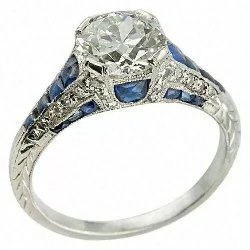 Art Deco Style Lab-Created Diamond & Sapphire Engagement Ring 14k White Gold FN