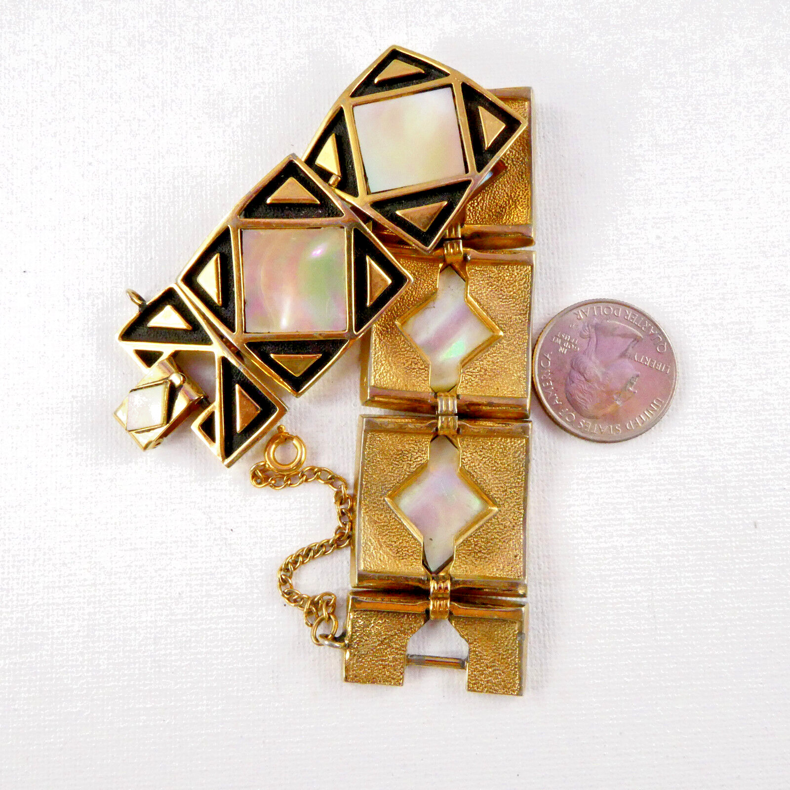 Vintage MOP Square Links Articulated Bracelet w/ Safety Chain Mother of Pearl