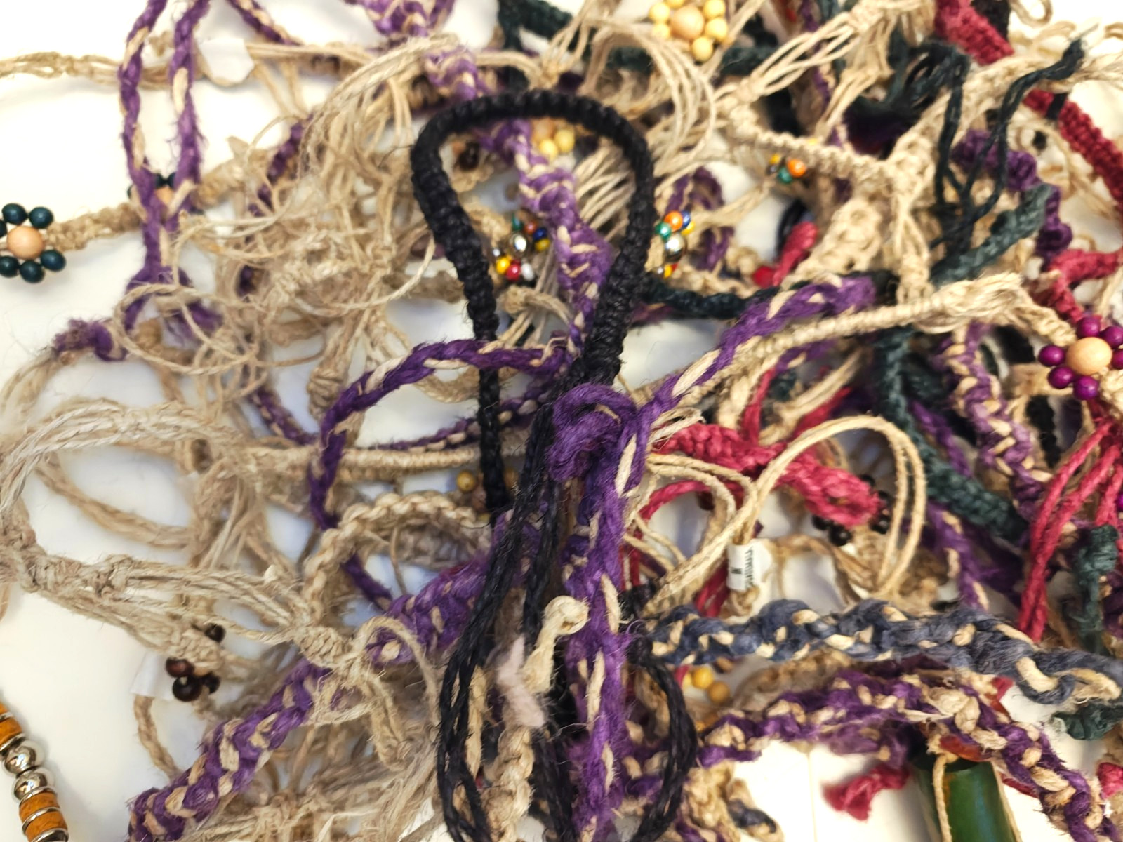VINTAGE LOT OF HEMP BRACELETS, ANKLETS, NECKLACES; DARK & LIGHT; 1980’S NEW! #2