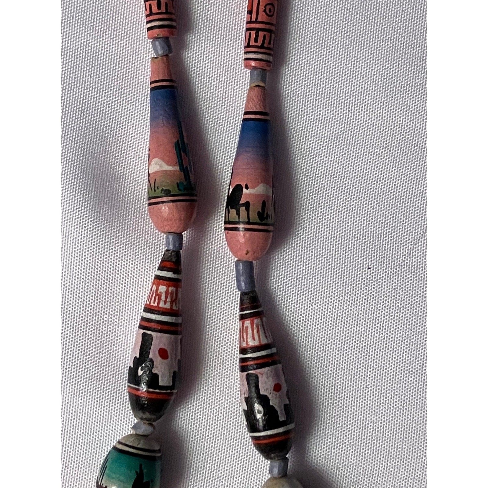 Vintage Southwestern Hand Painted Wood Bead Necklace Desert Landscape Tribal 19″