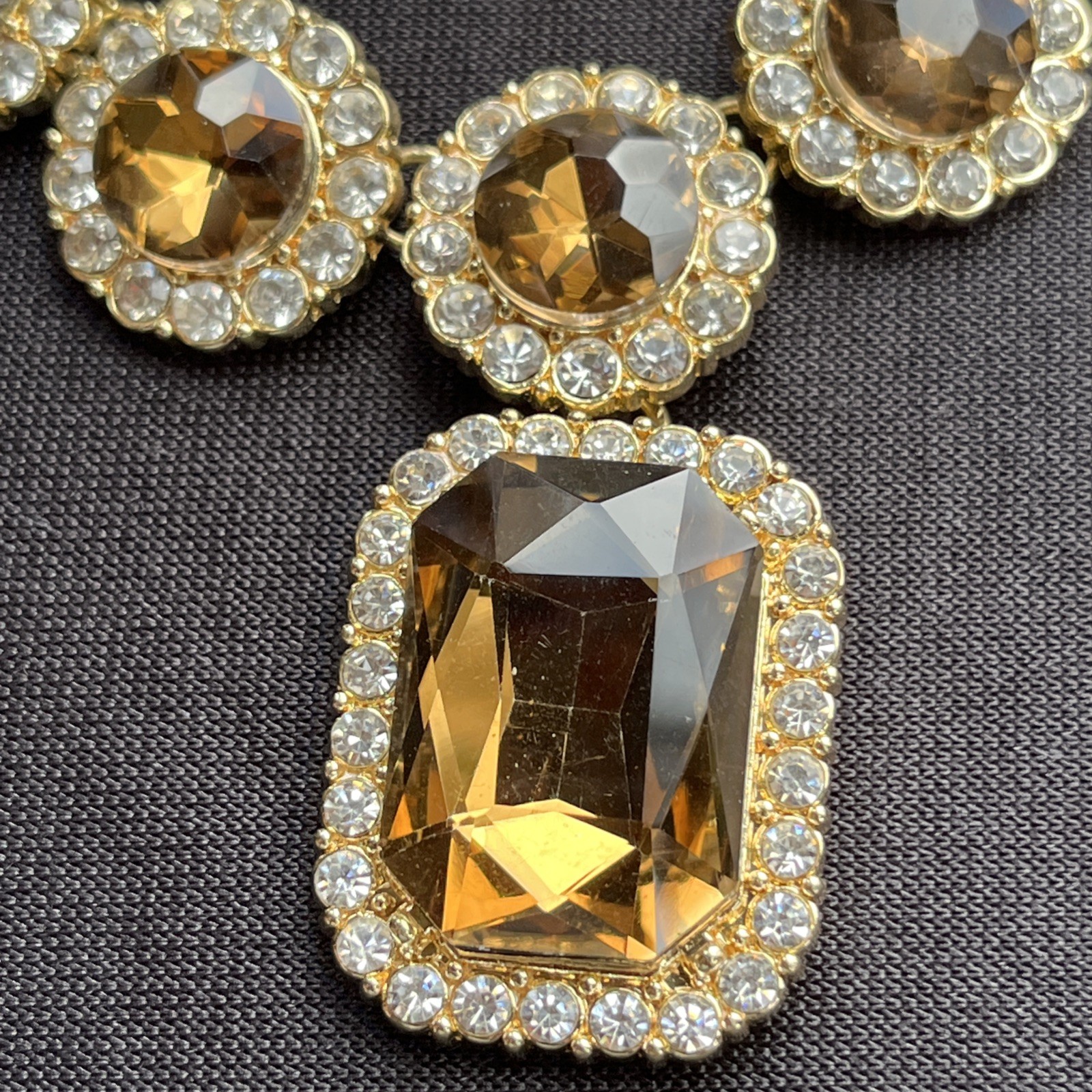 Vintage Monet Faceted Golden Topaz Crystal & Clear Rhinestone Statement Necklace