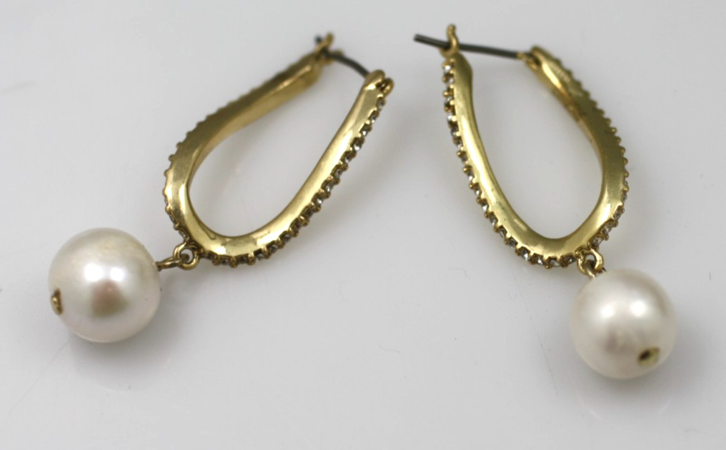 J. Crew Freshwater Pearl clear Crystal Gold tone drop dangle earrings posts