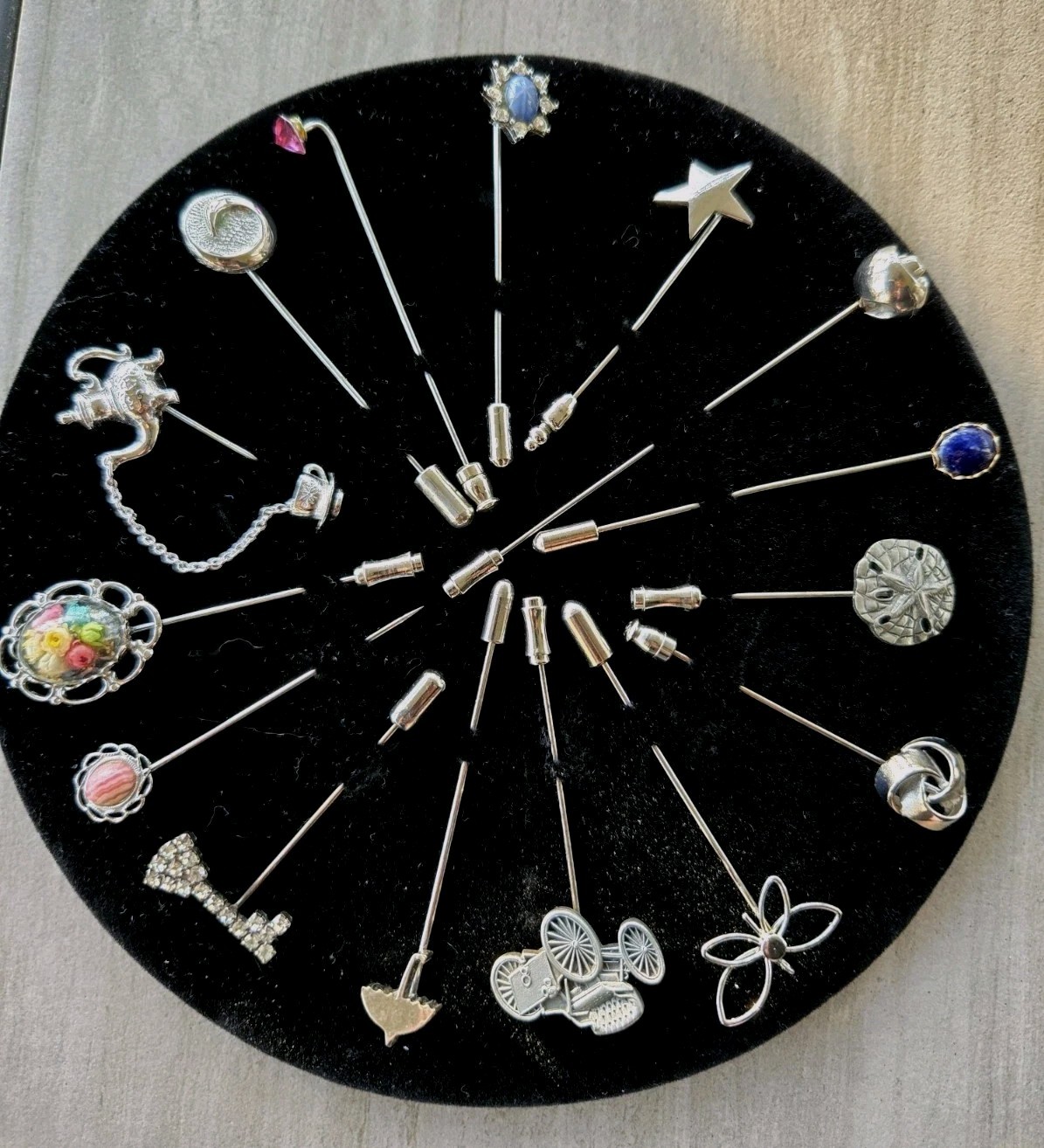 Vintage 15 Pc Stick Pin Collection Silver Tone Novelty Estate Lot