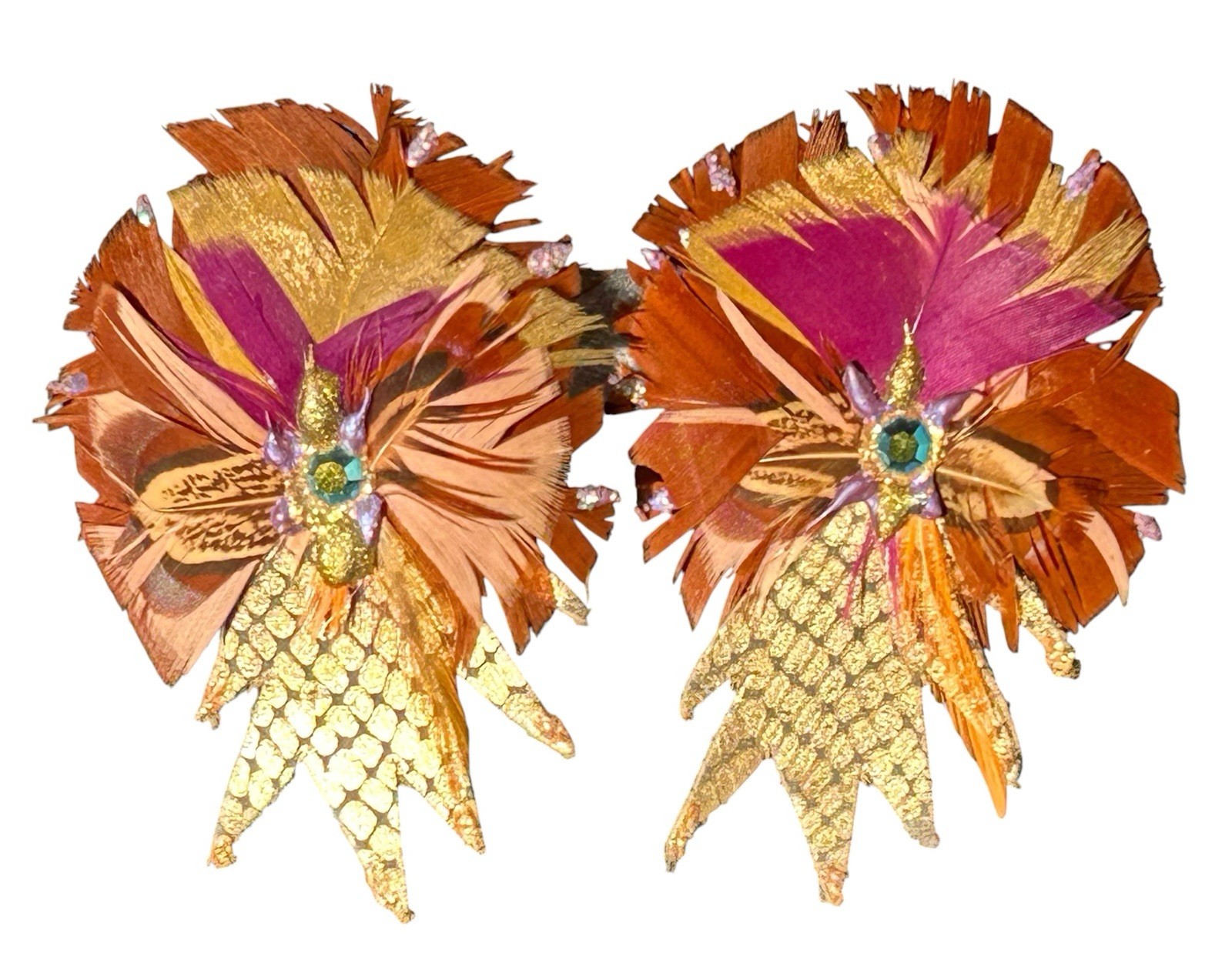 Vintage 80’s Statement Earrings Leather Feather Rhinestone Metallic Clip On Bold