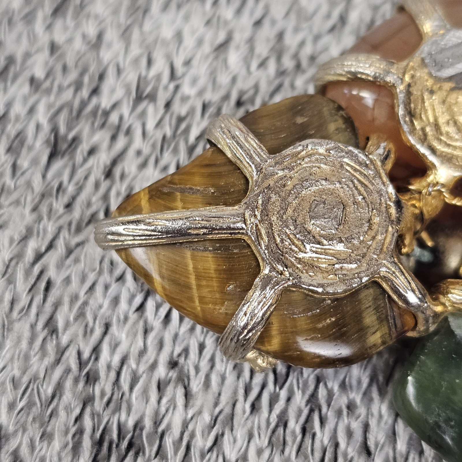 Vintage Leaf Brooch Gold Tone Mixed Stones Pearls Jade Tiger Eye Agate Jewelry