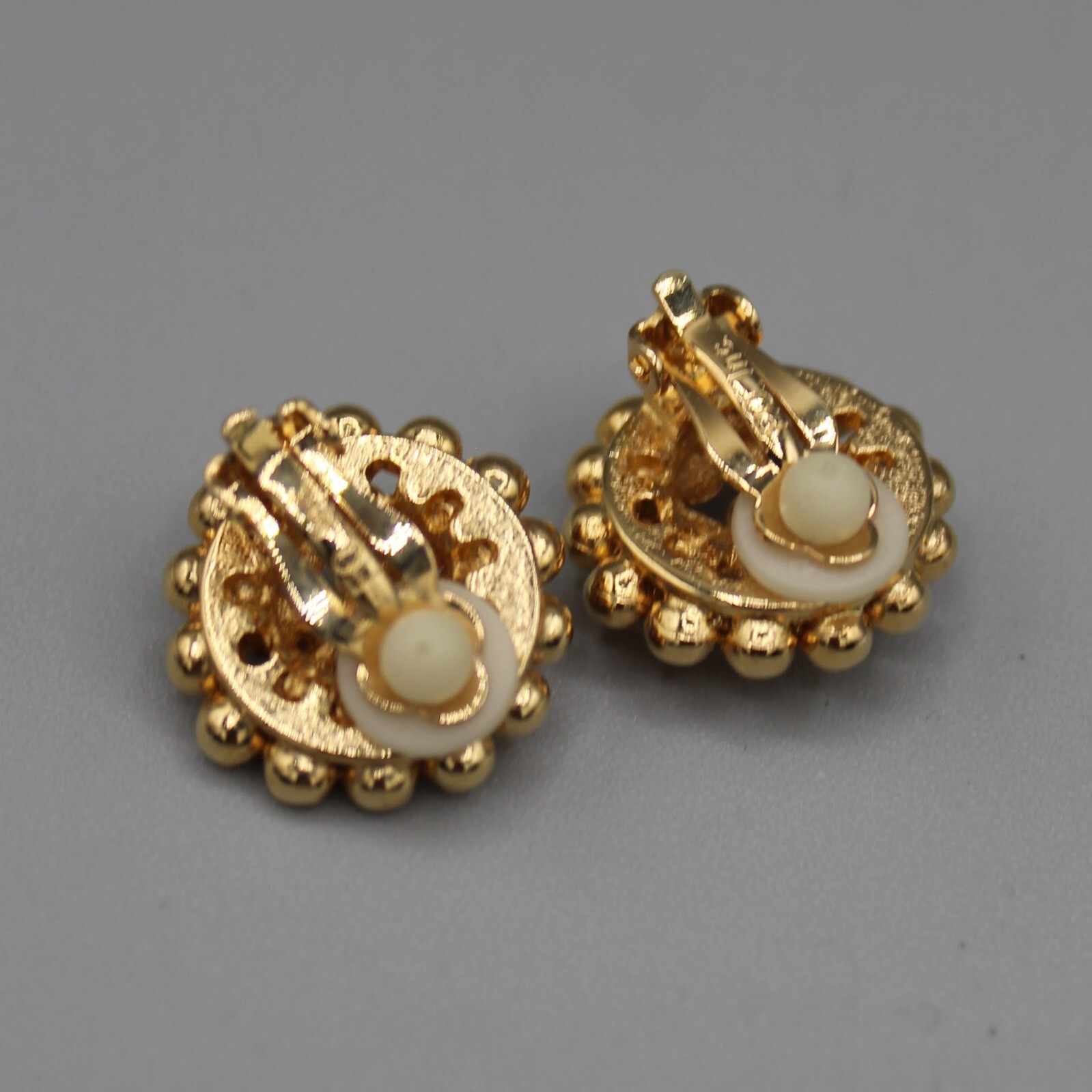 1980s Earrings Gold Tone Clip on 1950s Round F.O. Inc