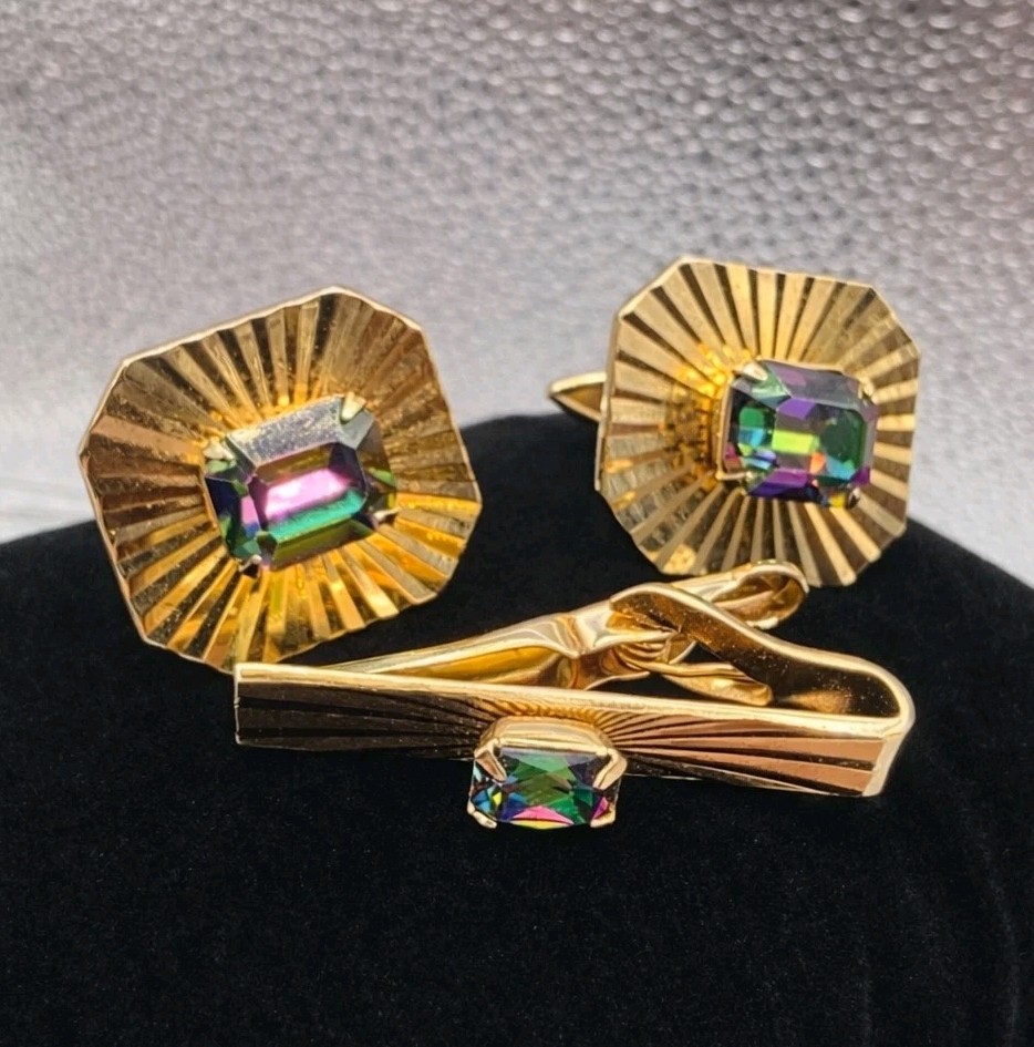 Vintage Gold-Tone Cufflinks & Tie Clip Set w Iridescent Stone Mid Century Swank