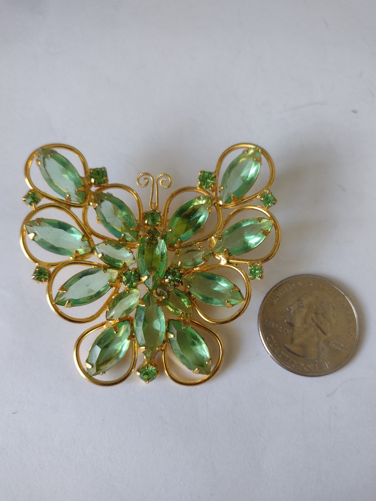 Unsigned Light Green Baguette Rhinestone Butterfly Brooch or Pendant