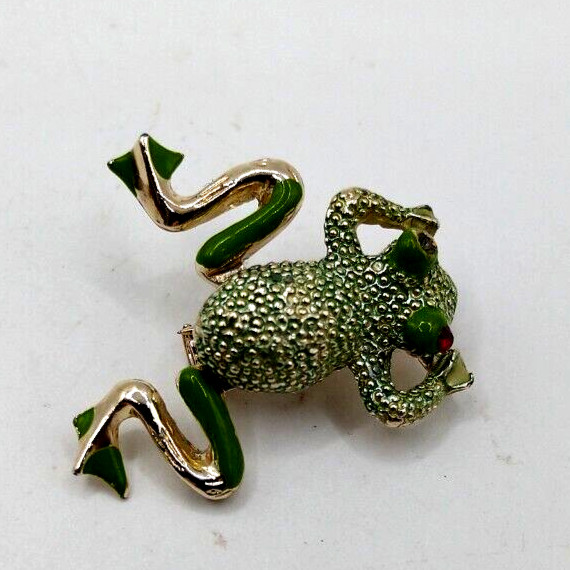 Vintage Frog Pin Brooch Movable Articulated Legs Green Gold Green Enamel Red Eye