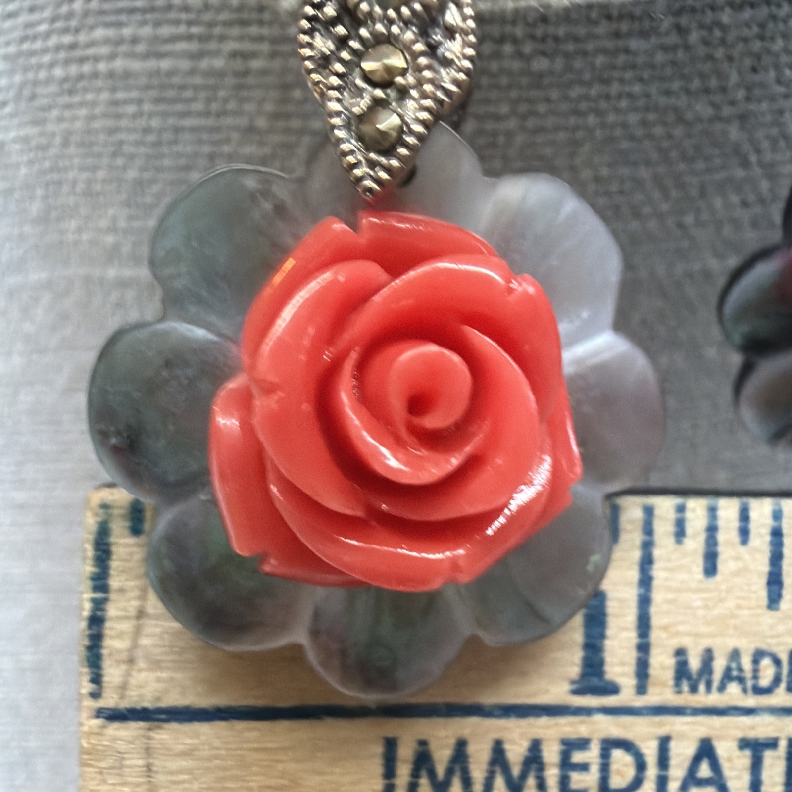 Sterling Silver Marcasite Carved Mother of Pearl Coral Rose Dangle Earrings