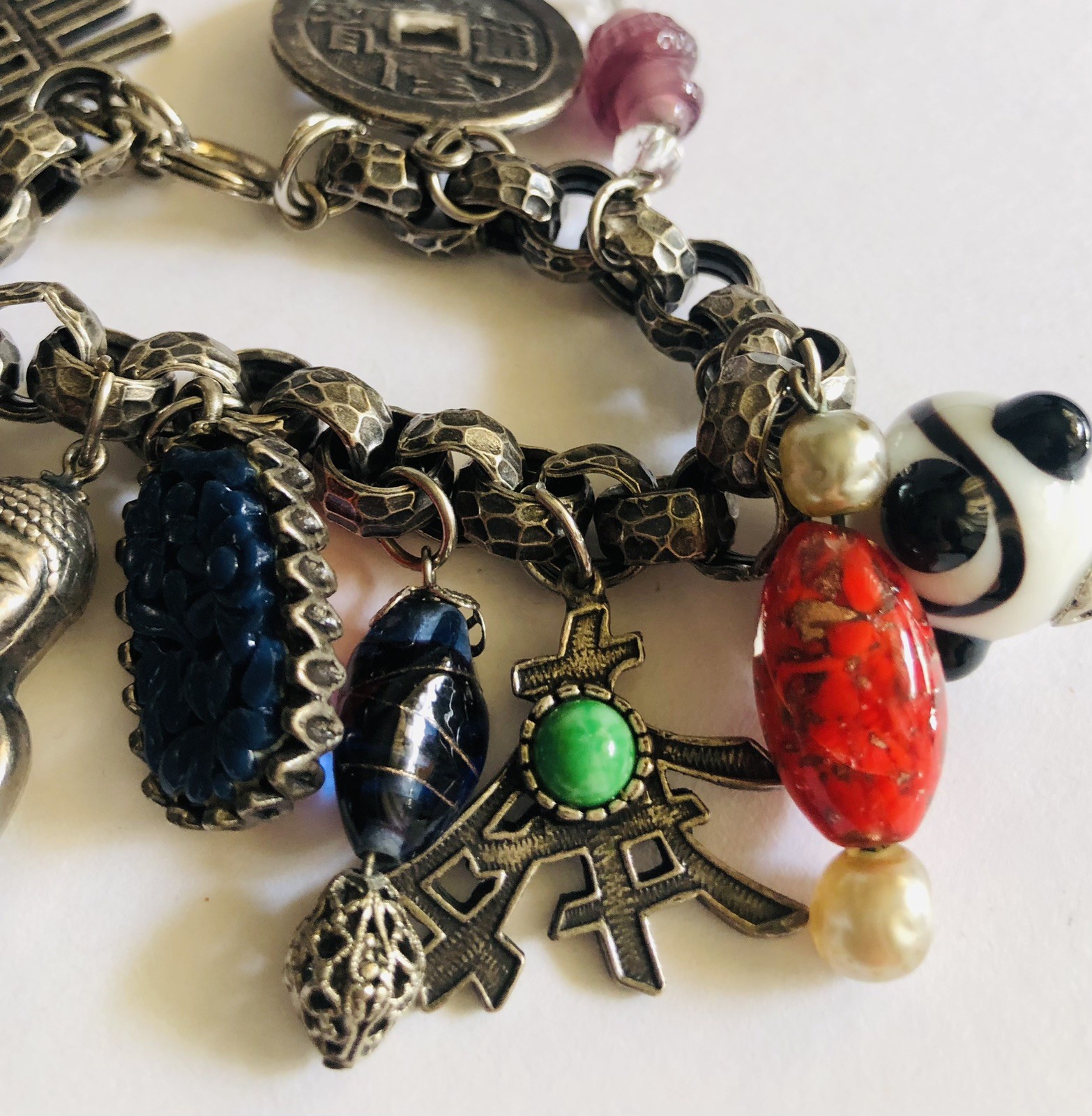 VTG Germany Bracelet, Asian Theme, Murano&plastic, Beautiful Silver Tone, Heavy.