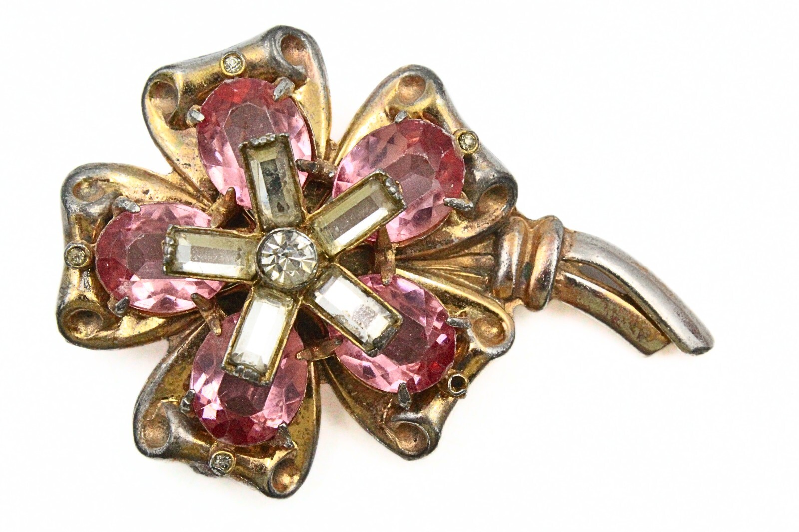 Lovely 1940’s Retro Pink White Glass Rhinestones Flower Brooch