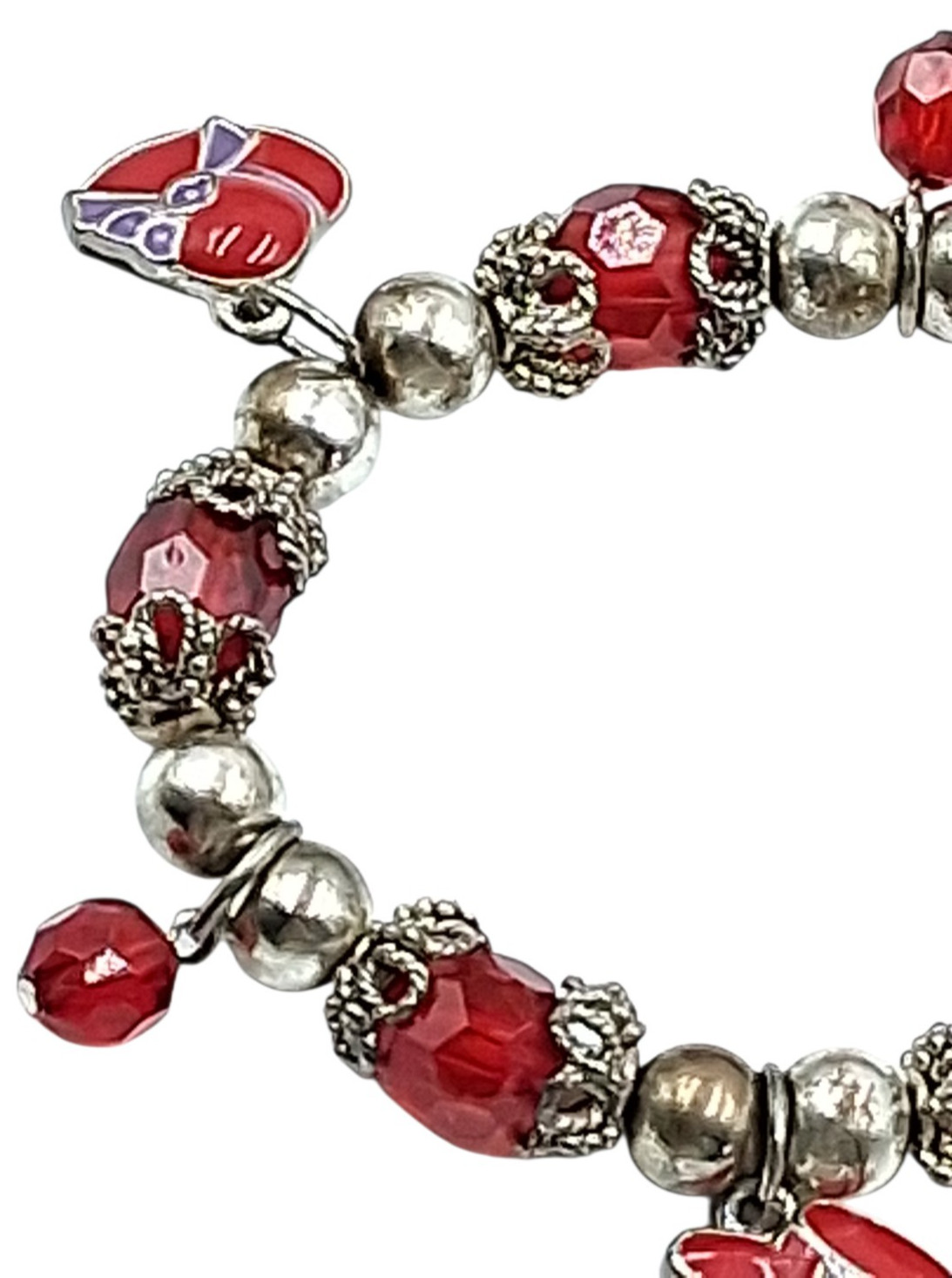 Red Hat Society Stretch 7″ Bracelet Red & Silver Beads Enamel Hat Charms Vintage