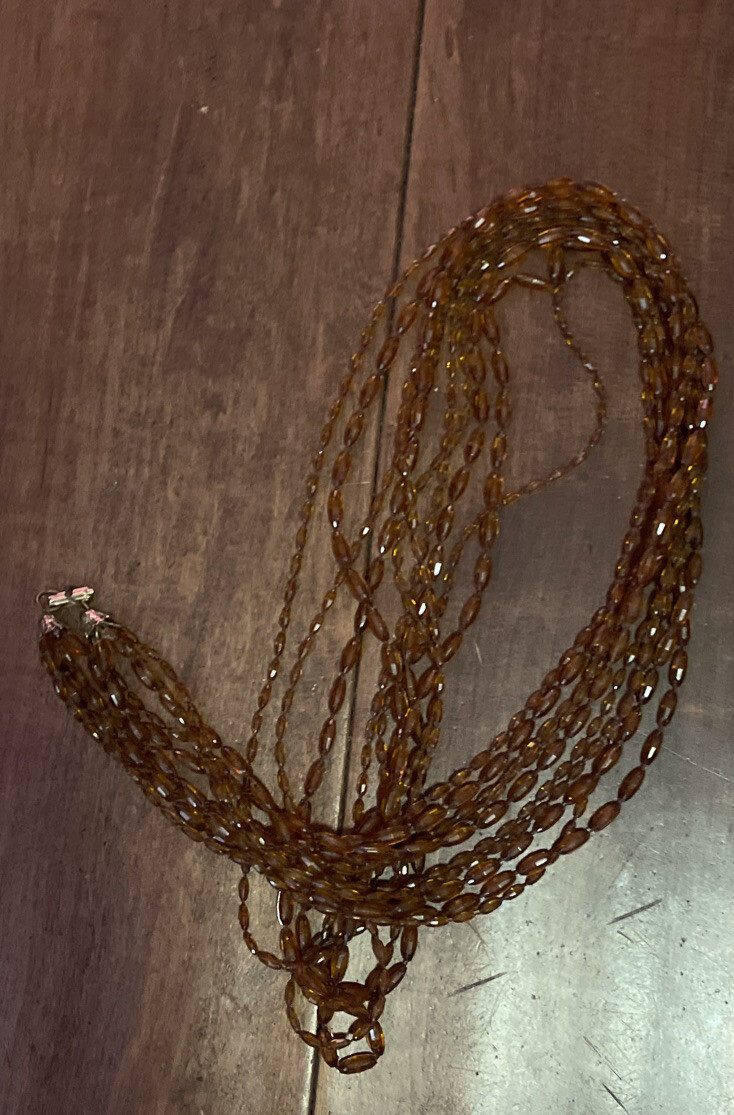 Vintage Necklace 52” 5 Strand Rootbeer Color Beads Different Shapes Wrap A Round