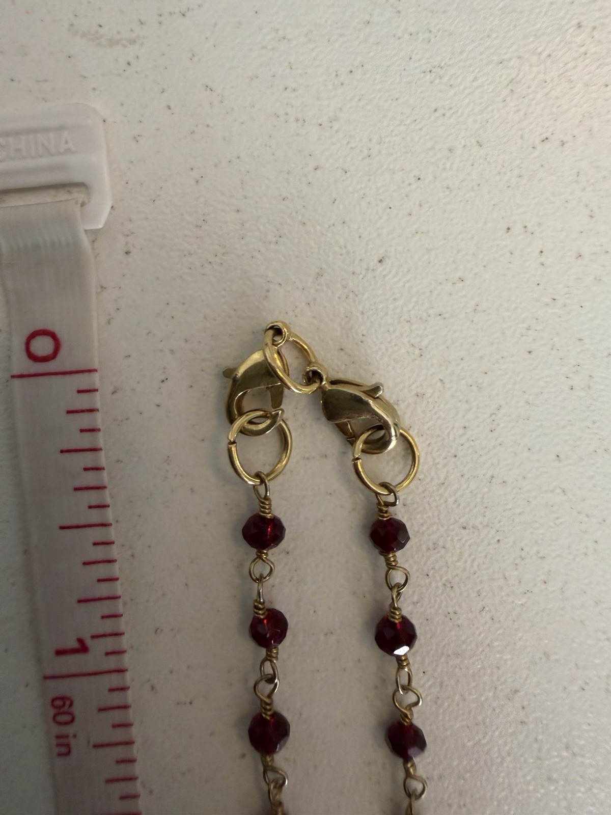 Vintage Gold Tone Red Faceted Glass Bead Station Necklace 18” Minimalist Dainty