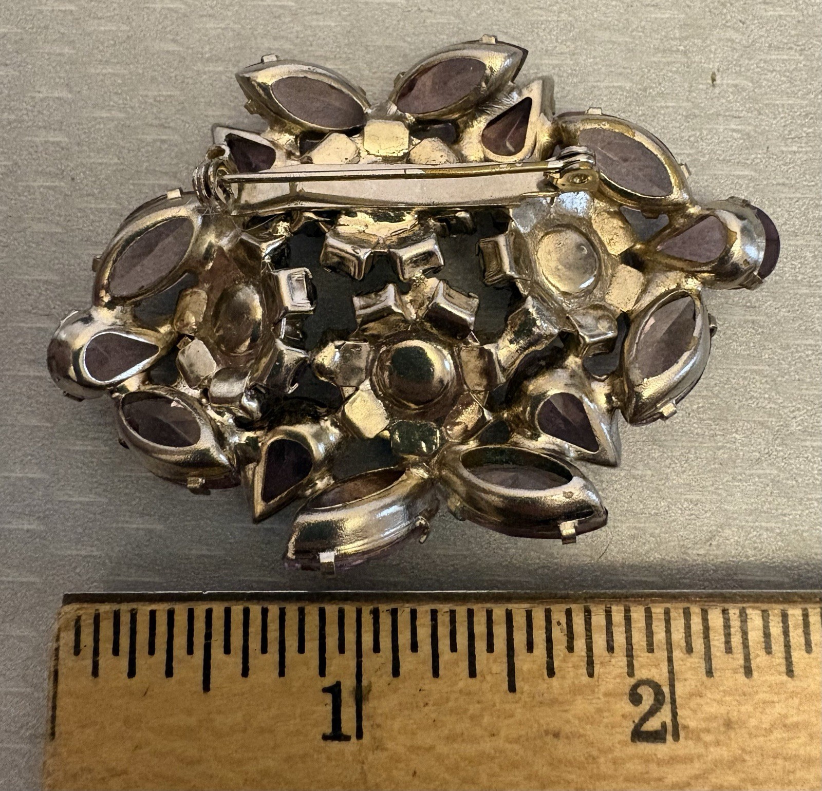 Vintage Smoky Lavendar AB Rhinestone Brooch Open Back Prong Set Cluster unsigned
