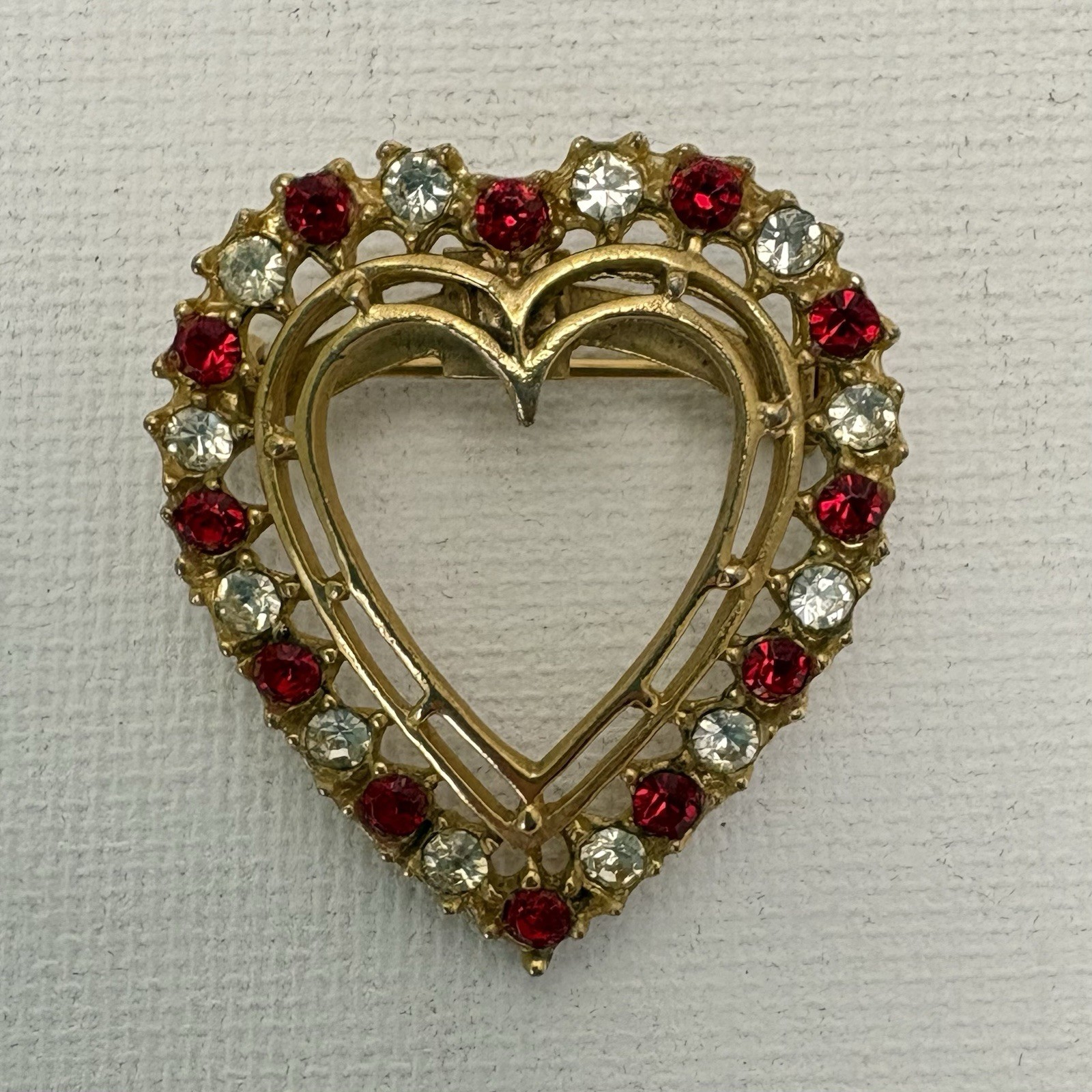 Gold Tone Heart Brooch With Red And White Stones