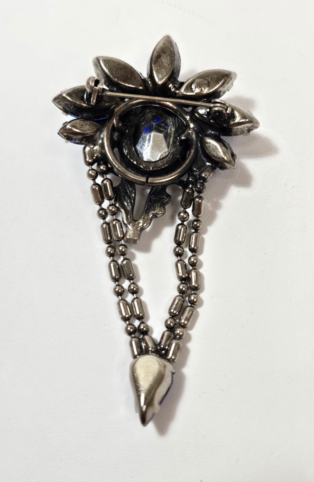 Vintage Juliana Vitrail Blue Rhinestone Ball Chain Dangle Brooch