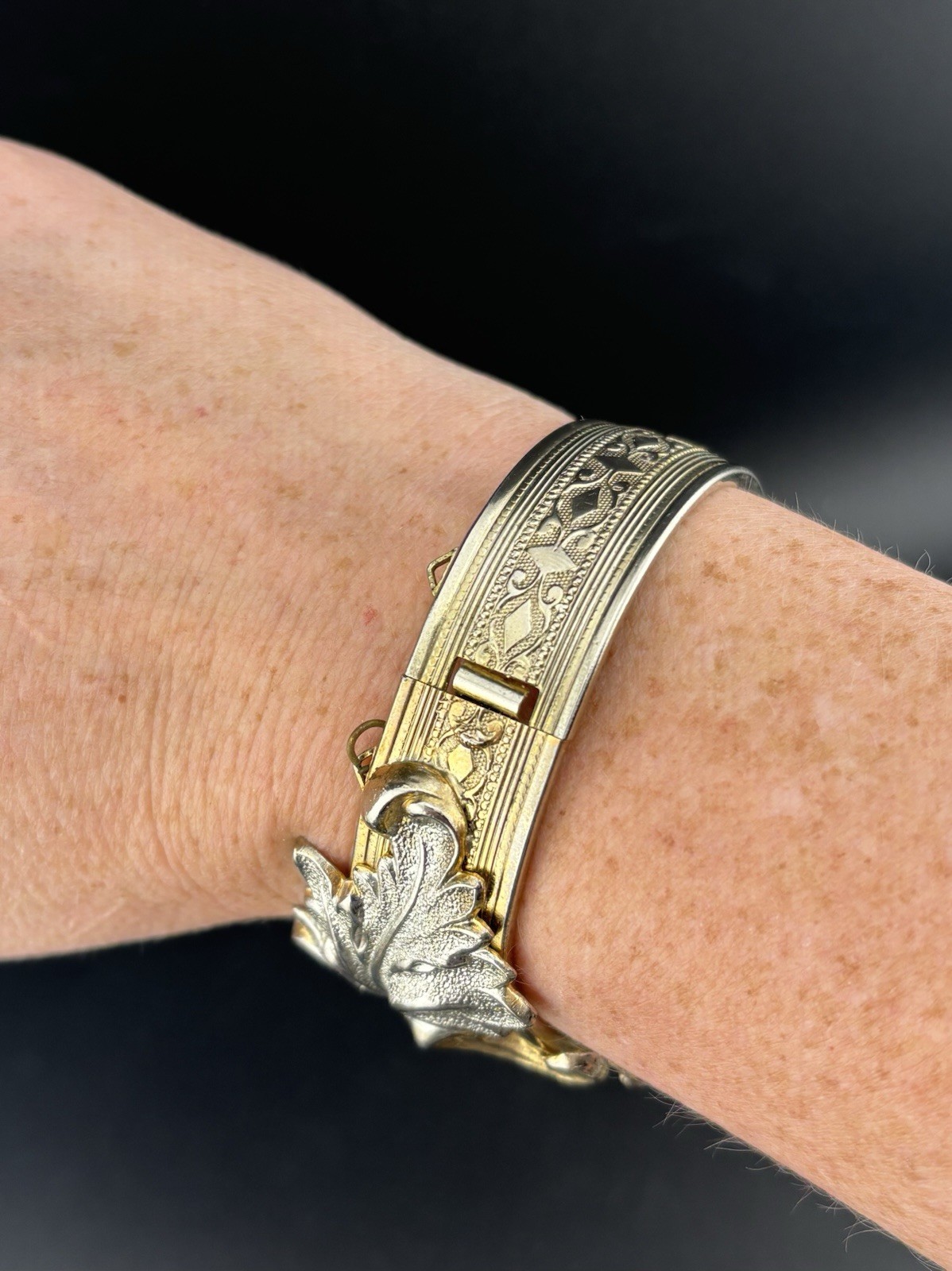 Victorian Revival Leaf Two Toned VTG Hinged Bangle Bracelet 2 3/8 Inch Diameter