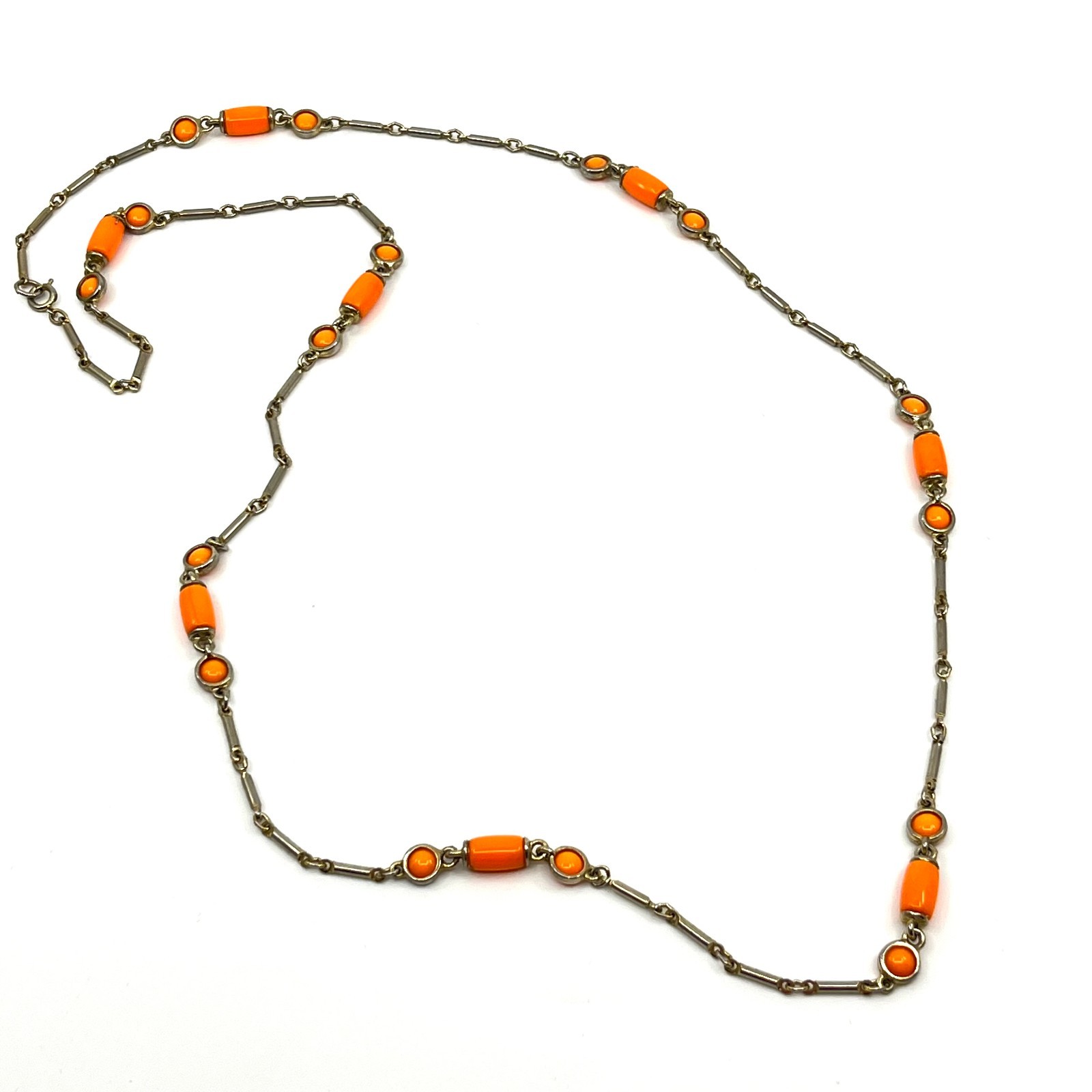 Vintage Orange Enamel Bar Link Station Necklace Silver Tone Mod 36″ Spring Ring