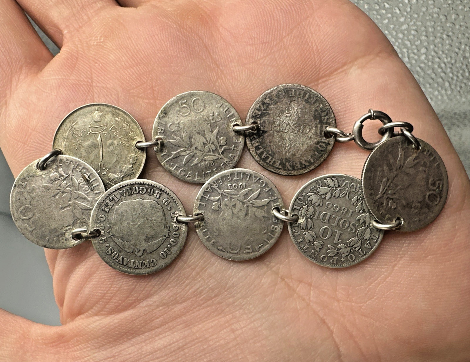 Antique Multinational Coin Link Silver Bracelet Years 1853 – 1903 19g Sz 6.25