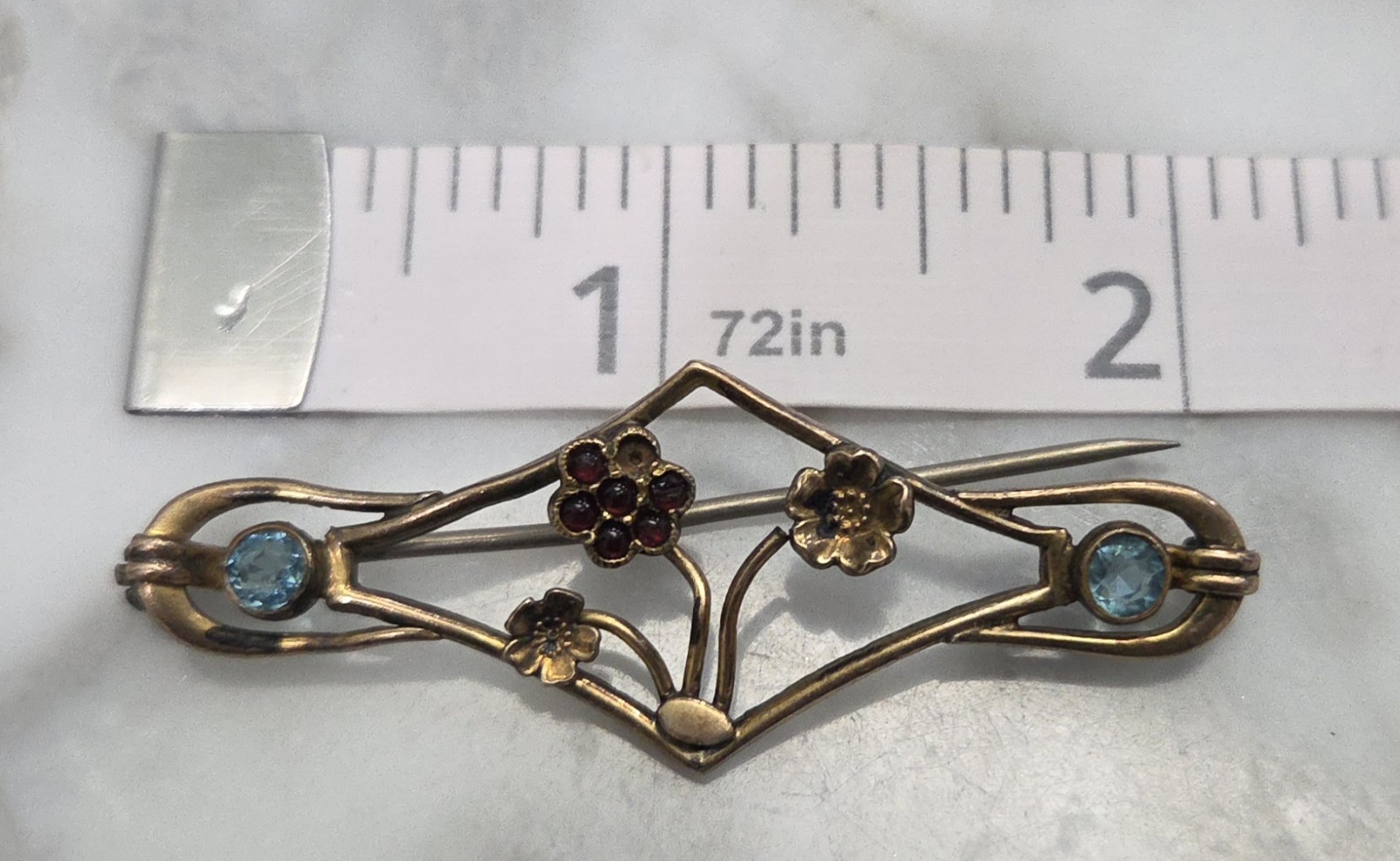 Antique Art Nouveau Floral Brooch Garnet Cluster Blue Glass Stones Gold Tone
