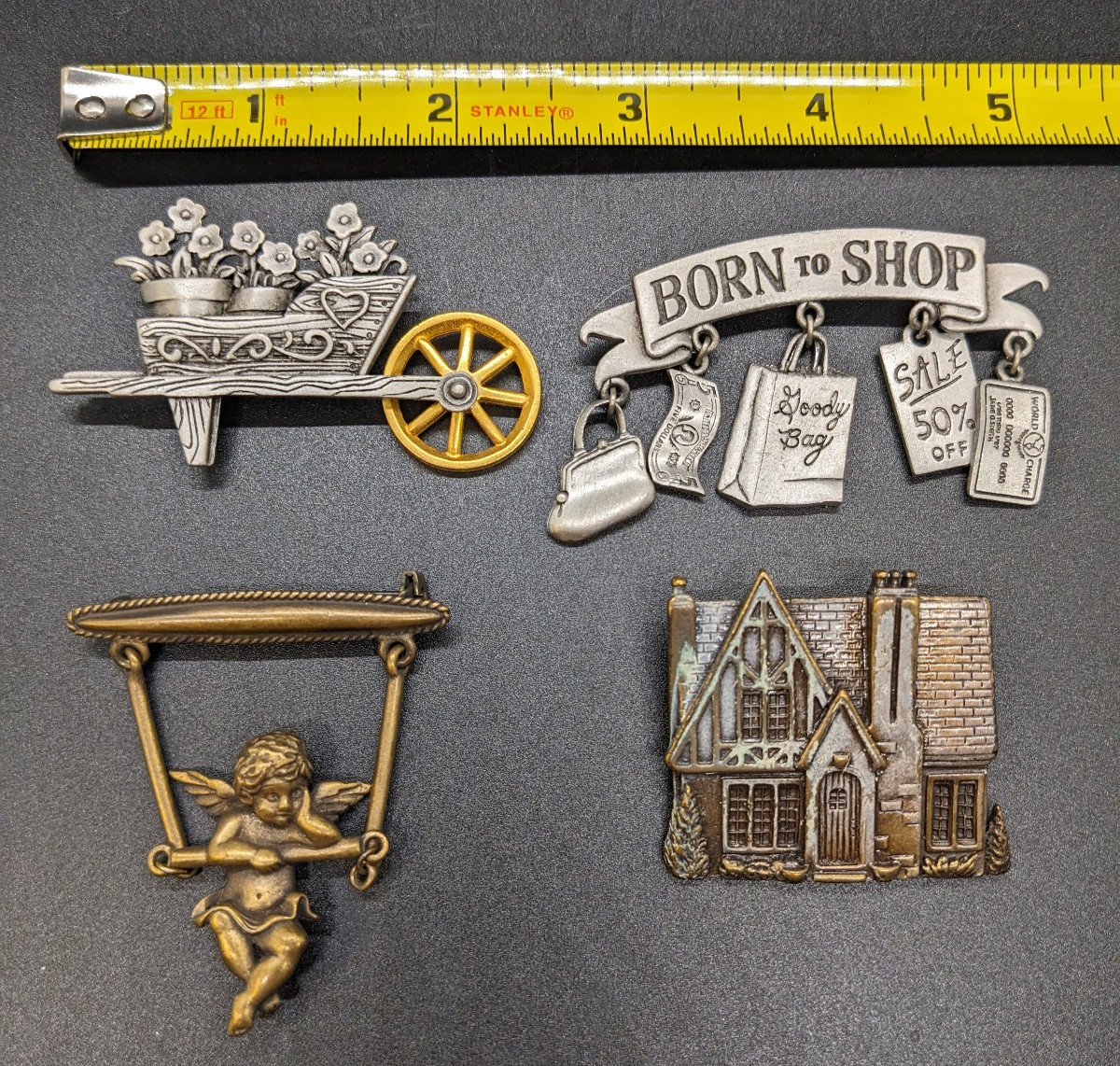 Lot of 4 Vintage Pewter Brooches Pin JJ Jonette Wheelbarrow Angel Born to Shop