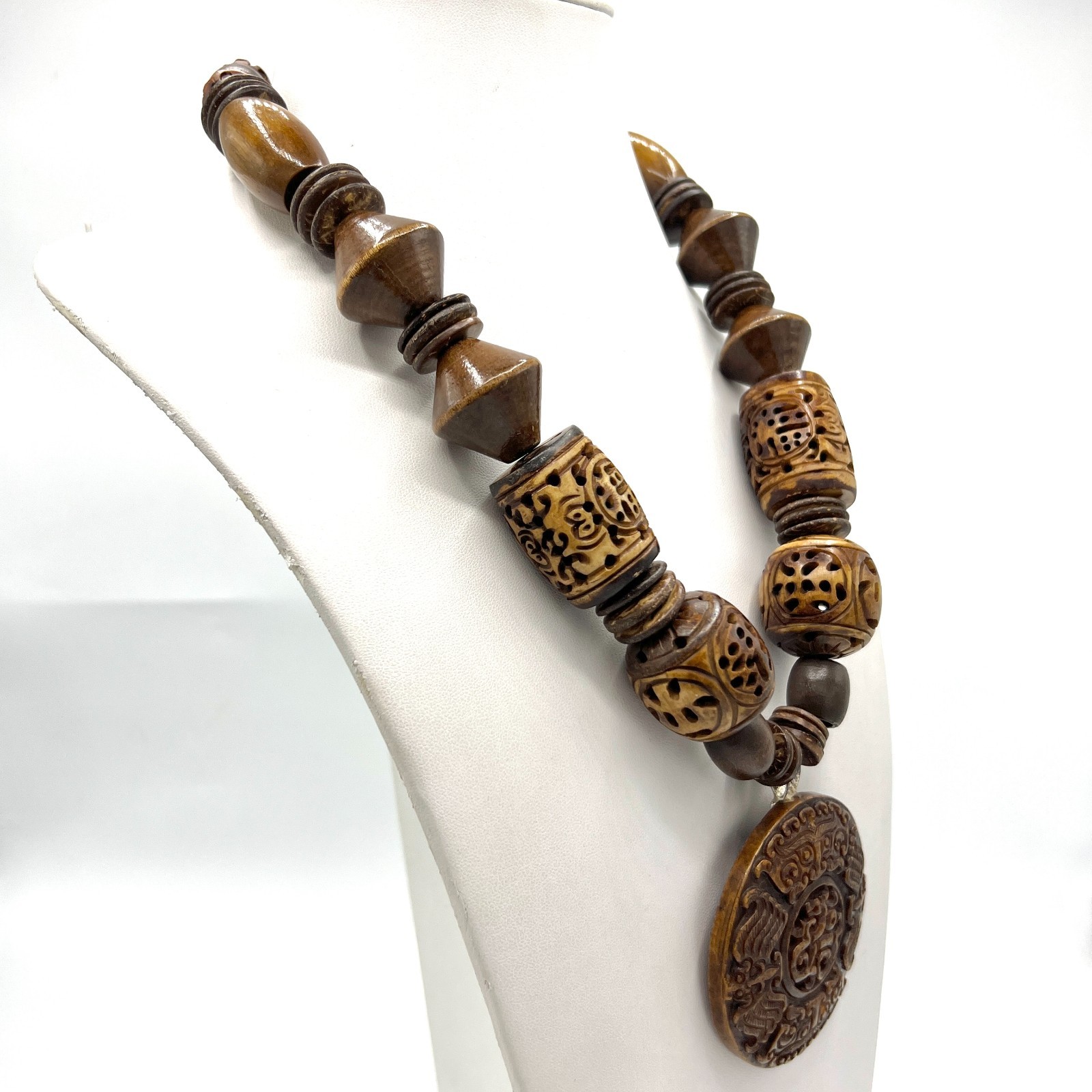 Chunky Vtg Artisan Carved Wood Bead Necklace-Asian Style Ceramic Medal Pendant