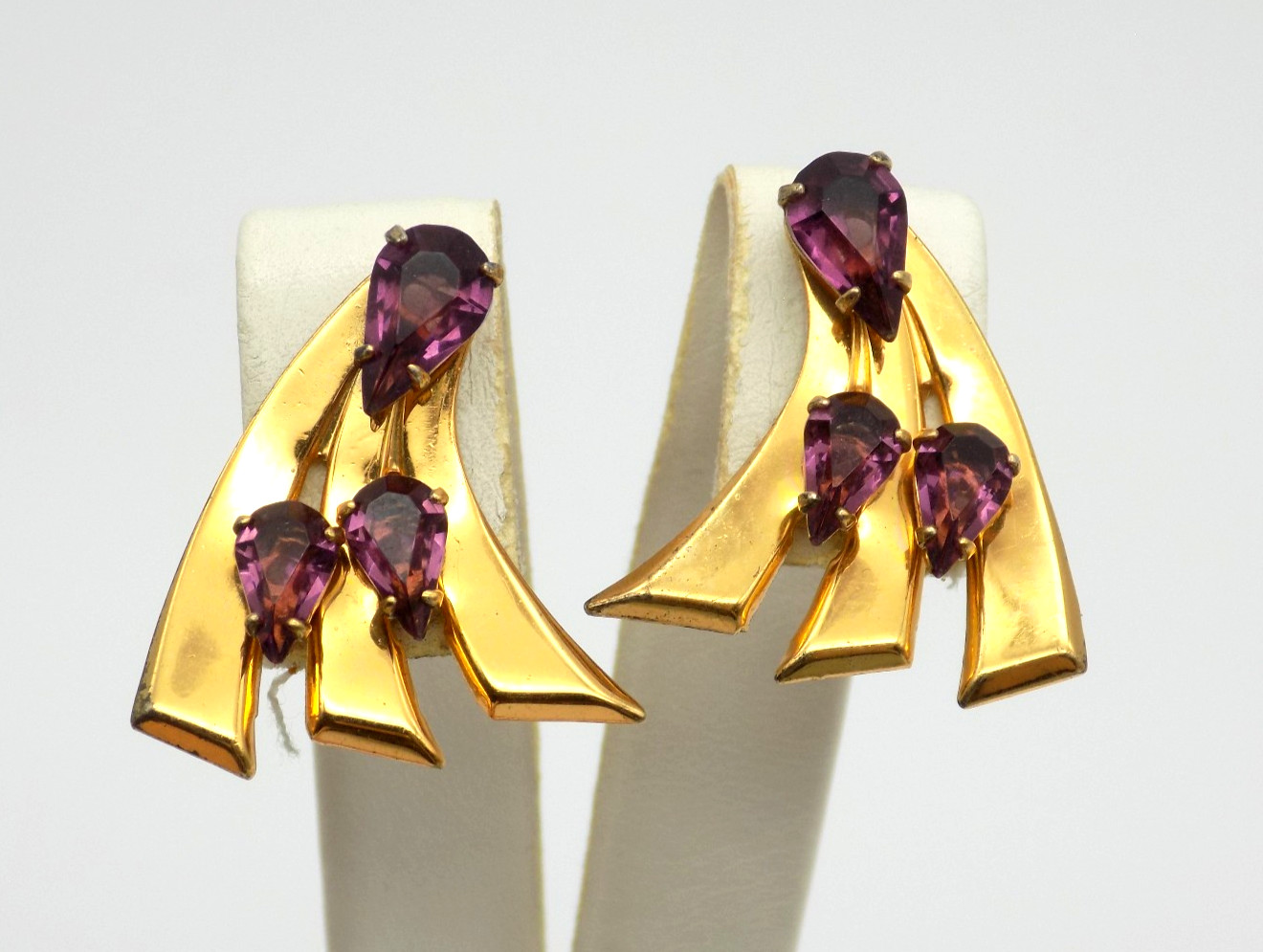 Vintage 1940s Sterling Silver Gold Vermeil Screwback Earrings Purple Glass
