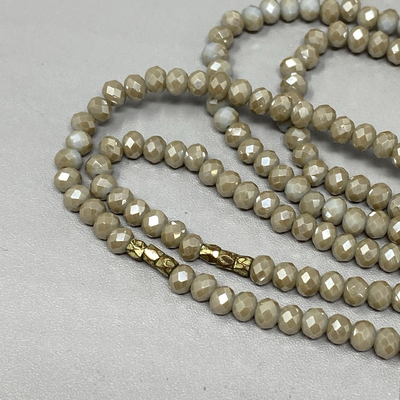 Cream Fire Polished Glass Bead Necklace Surface Coated Long Tan Faceted 60″