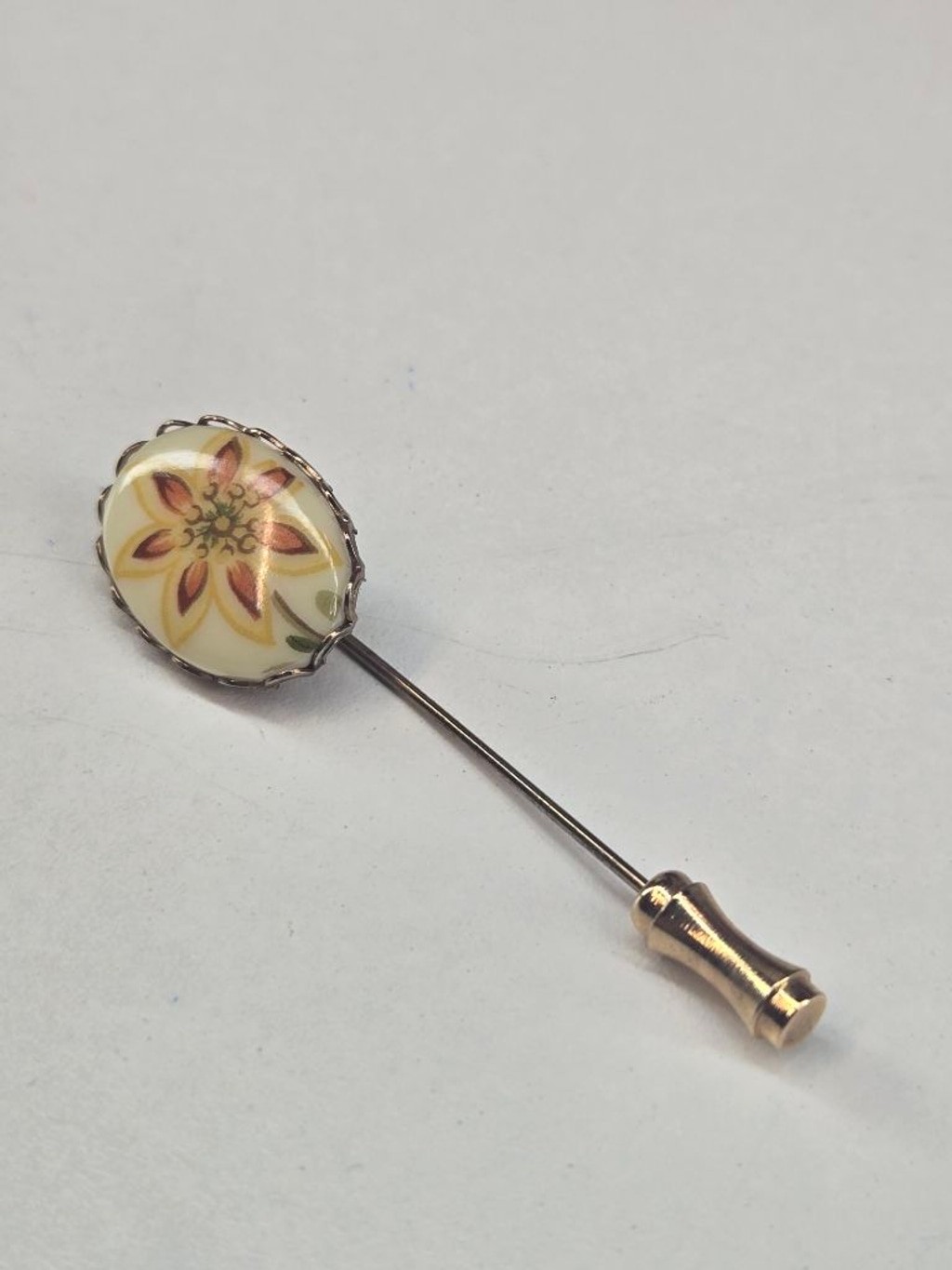 Lenox Stick Pin Cream & Orange Floral Women’s Brooch 14k Gold Plated Vintage