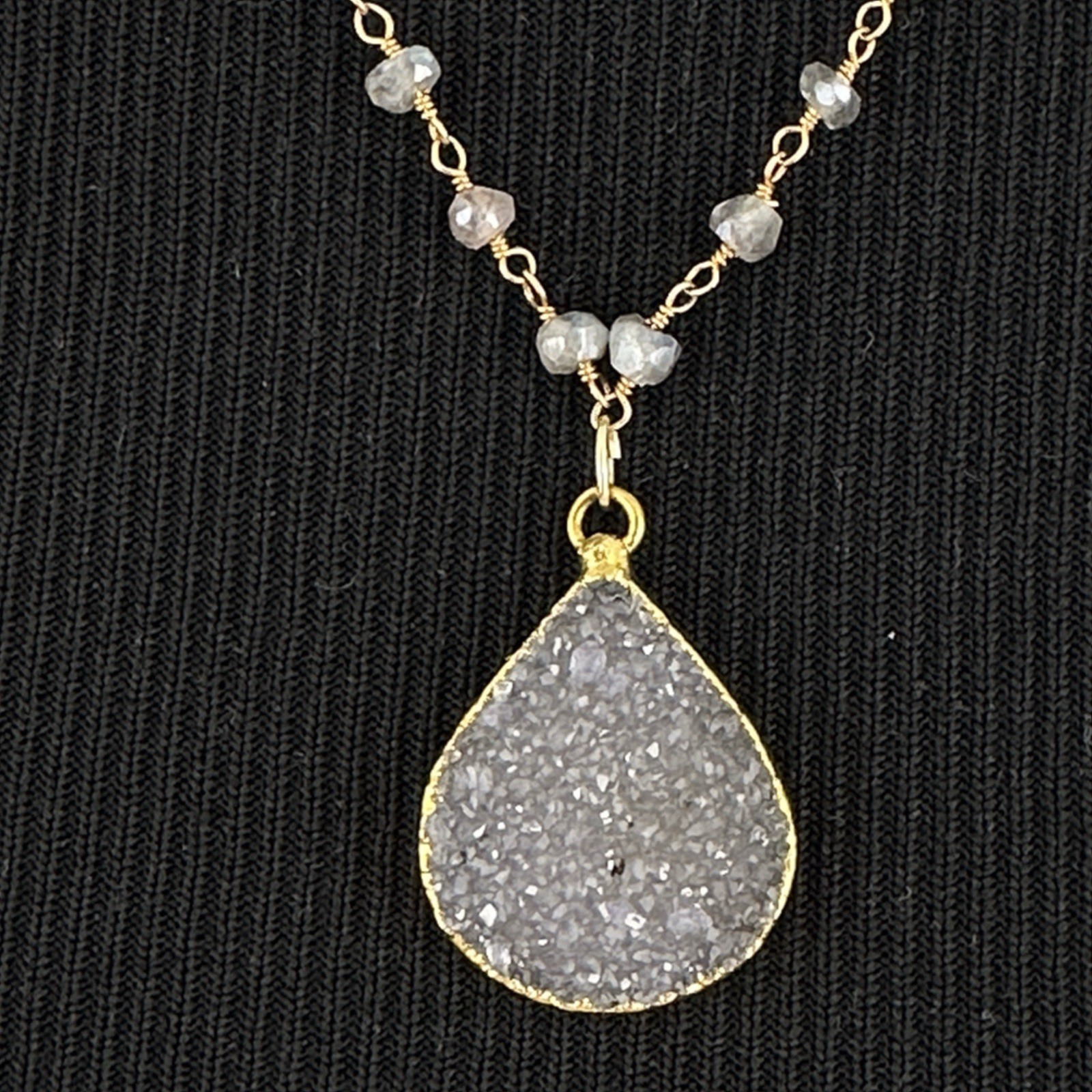 DRUZY teardrop pendant necklace – vintage labradorite bead rosary chain GF clasp