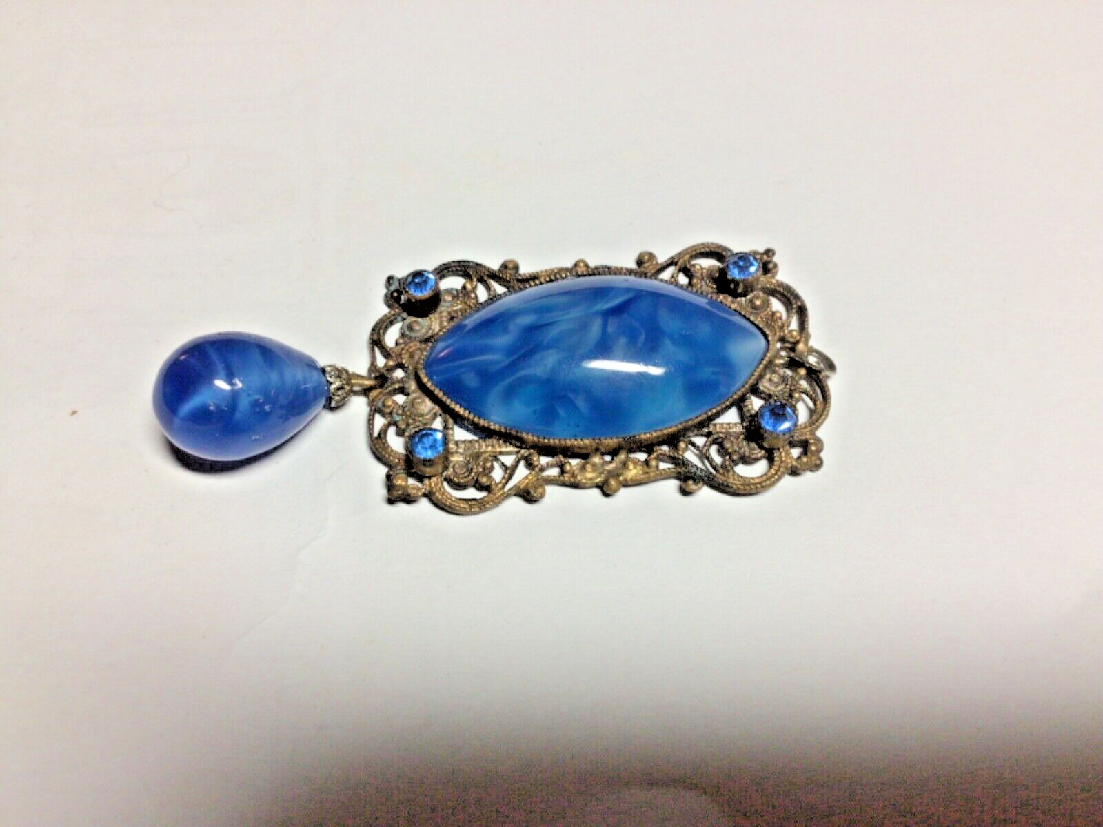 Antique Jewelry, Blue Dragon Agate Stone Set in Metal Scroll