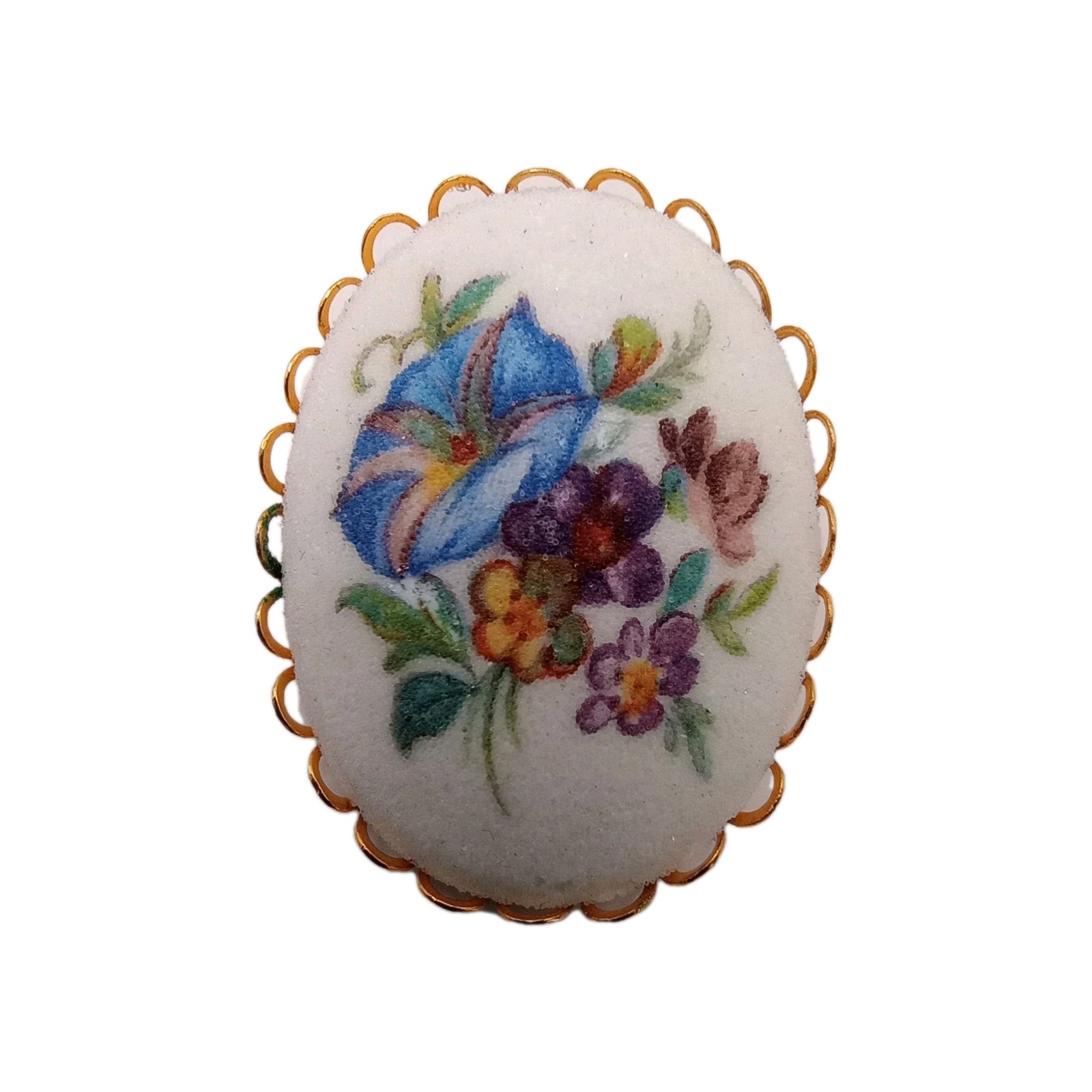 Vintage Floral Sugared Blue Morning Glory Brooch Gold Tone Scallop Pin 1 3/4 in
