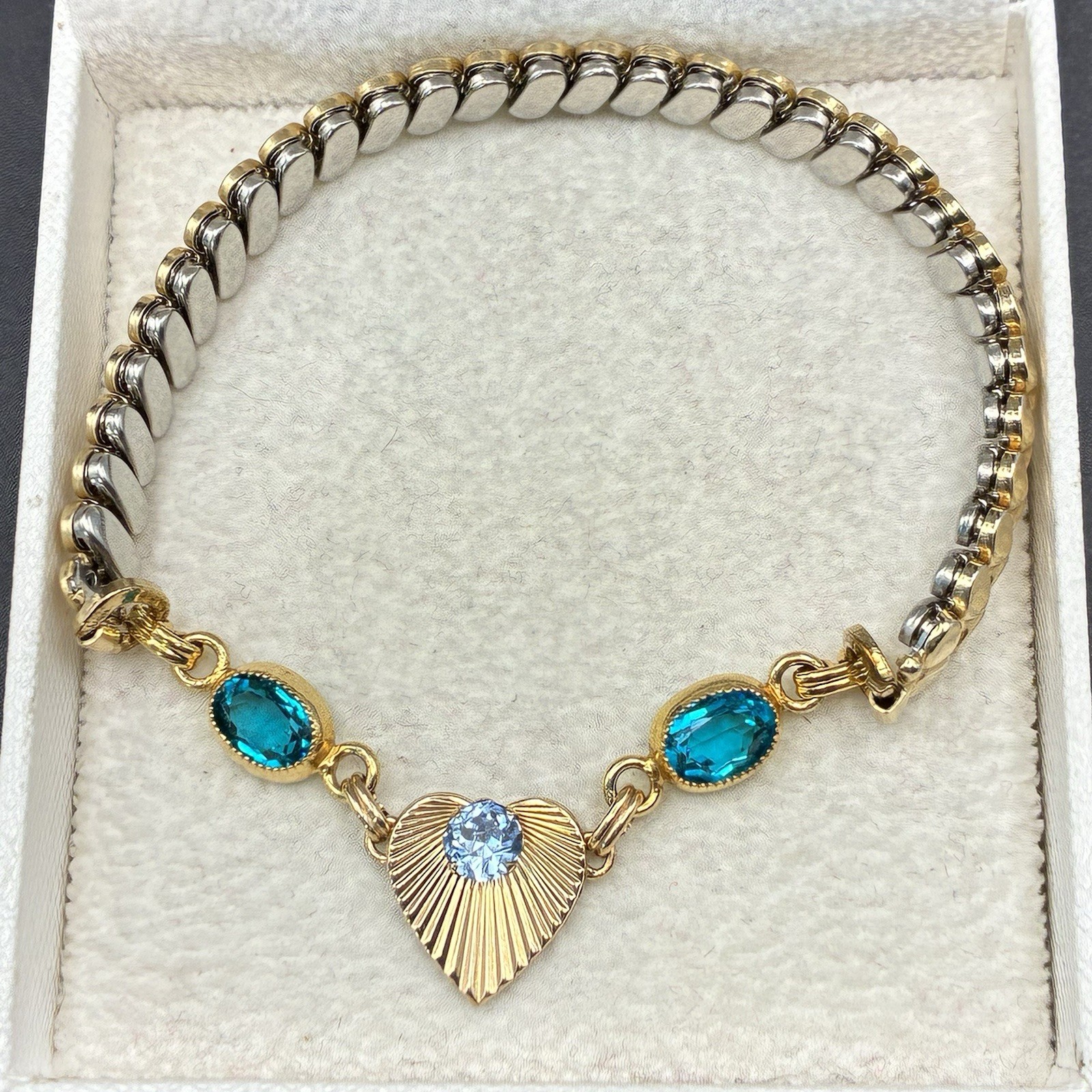 Custom Vintage Yellow Gold Filled Expansion Bracelet,Blue Glass Gems, Watch Band
