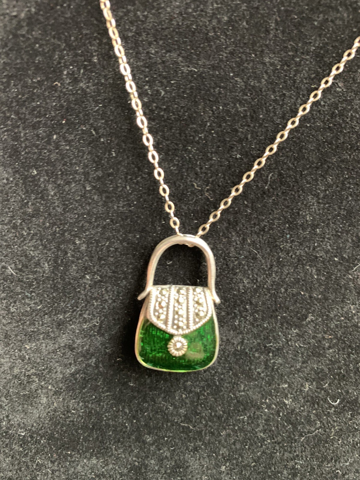 Vintage 925 Sterling Silver Green Guilloche Enamel Purse Handbag Pendant w/Chain