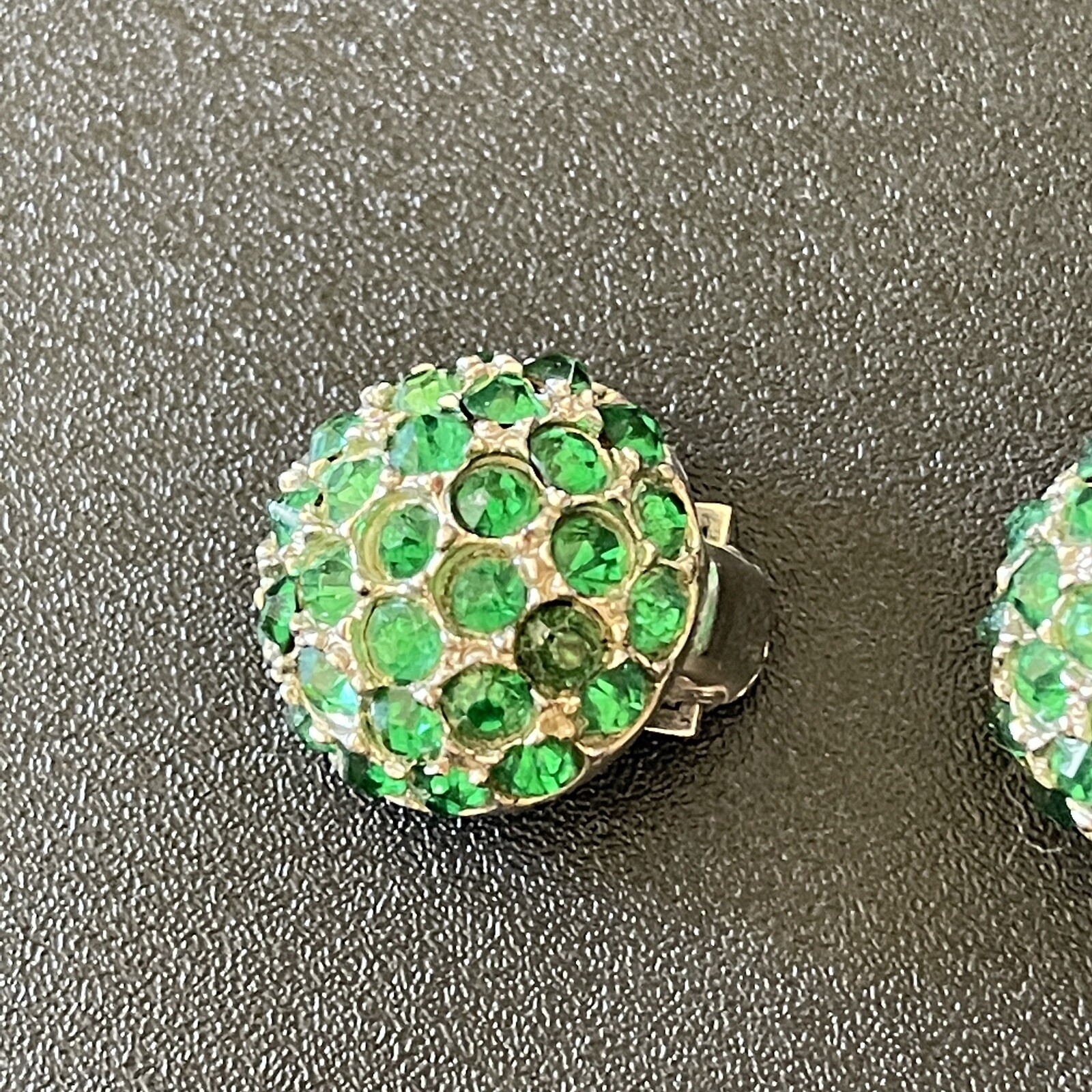 VTG Green Rhinestone Dome Clip On Earrings Emerald Crystal Statement Earrings