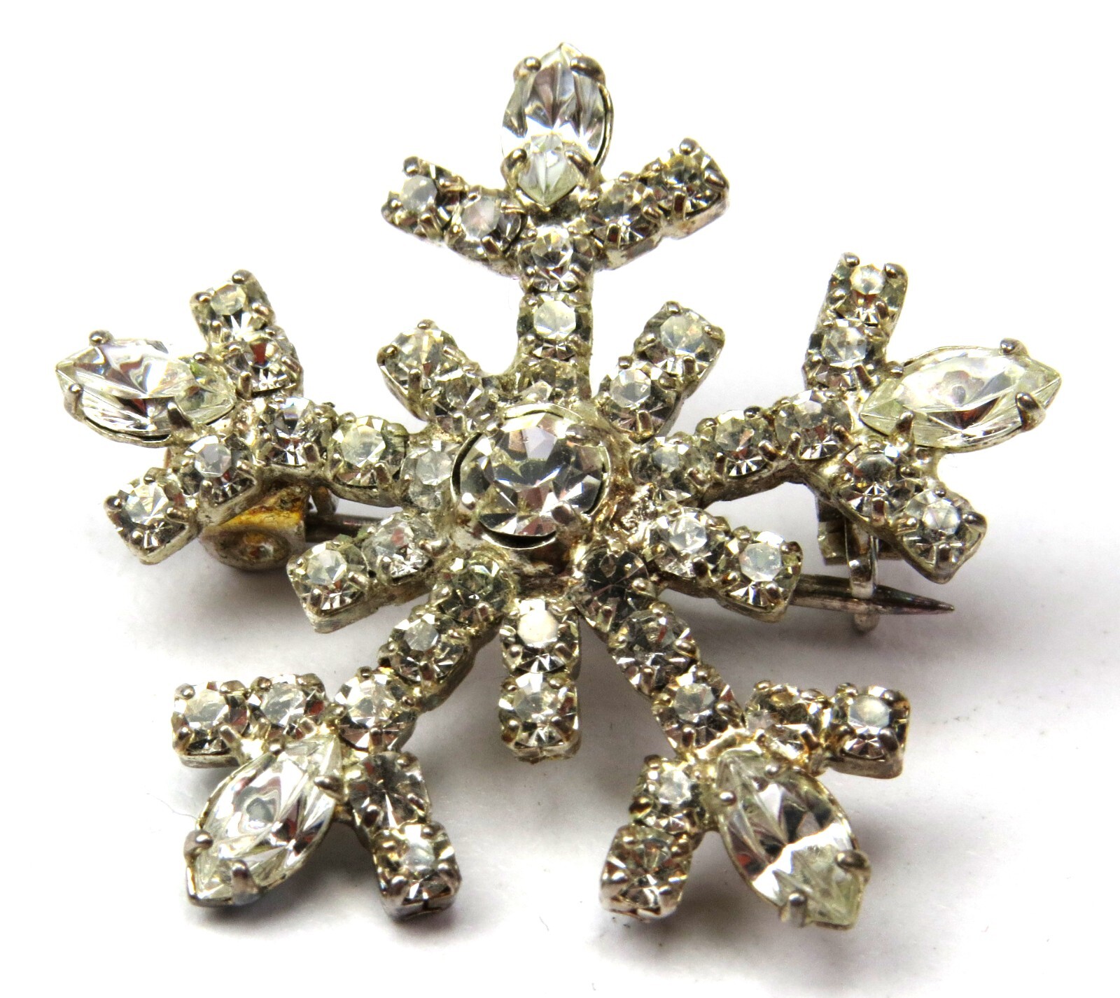 Pretty Rhinestone Snowflake Vintage Brooch, About 1-1/8″ Across – Read