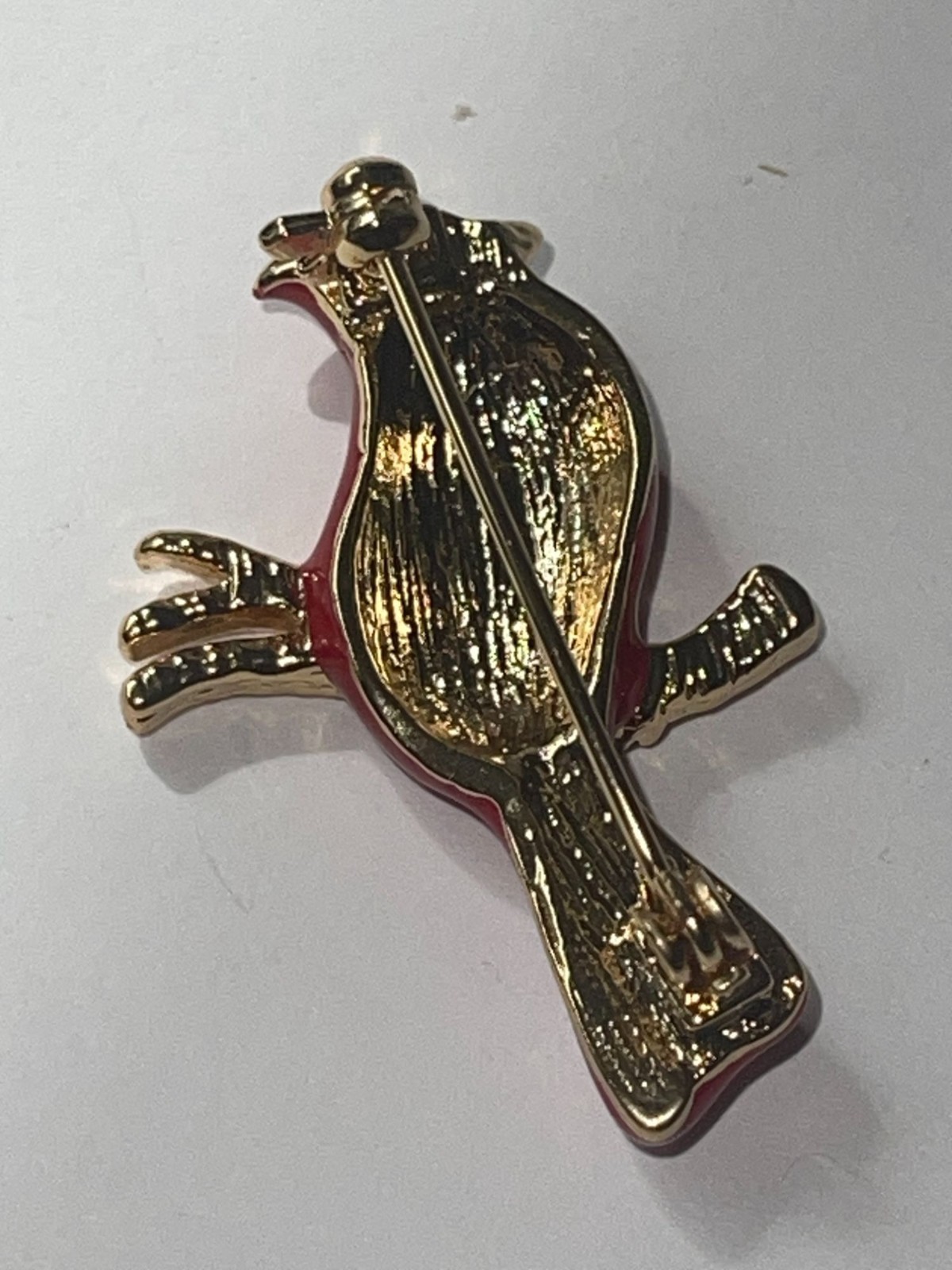 Cardinal Bird Brooch Pin With Gold-Tone Branch Red Enamel Finish